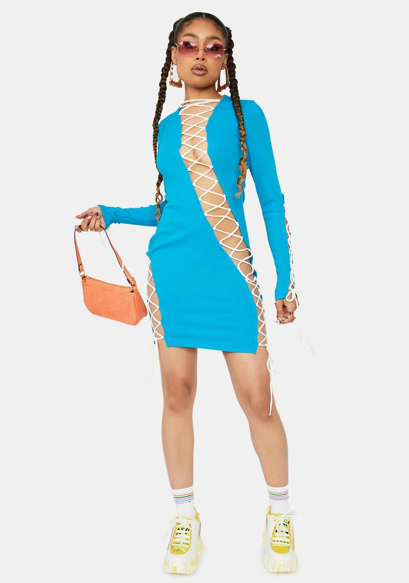 Aqua Future Groove Lace Up Bodycon Dress - Image 3