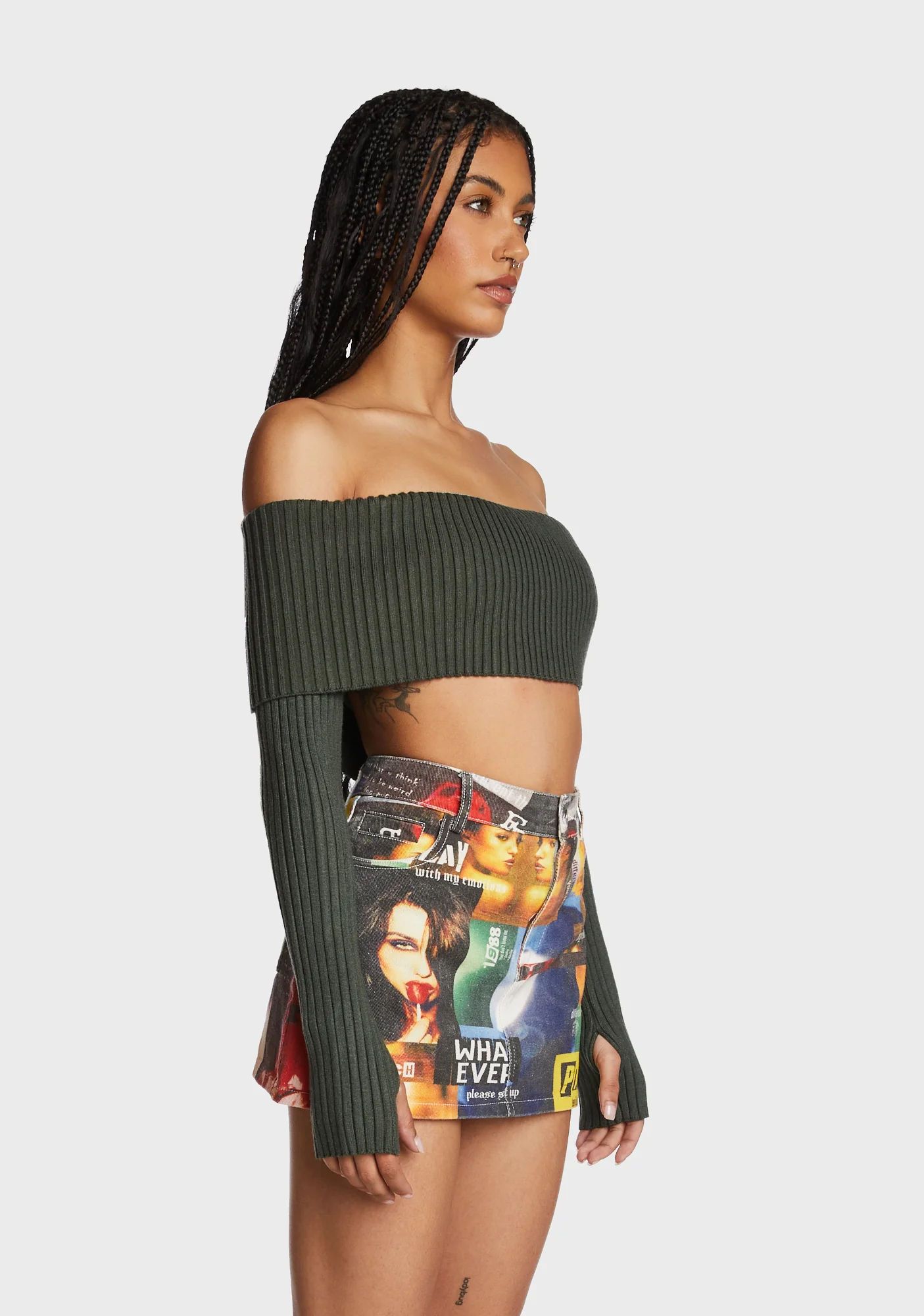 Astrea Fold Over Cropped Sweater - Olive - Image 4