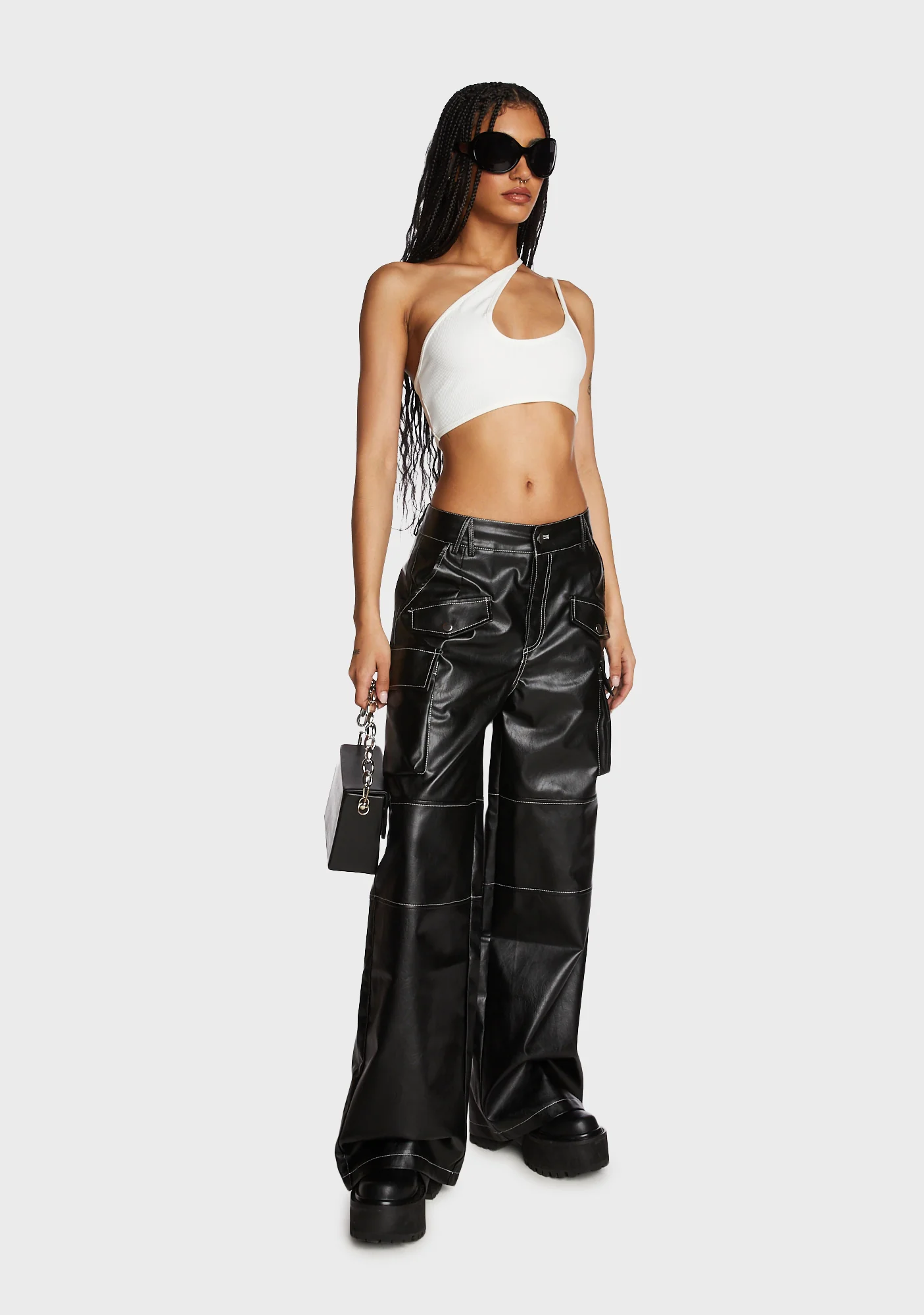 Asymmetrical Ribbed Cut Out Crop Top - White - Image 2