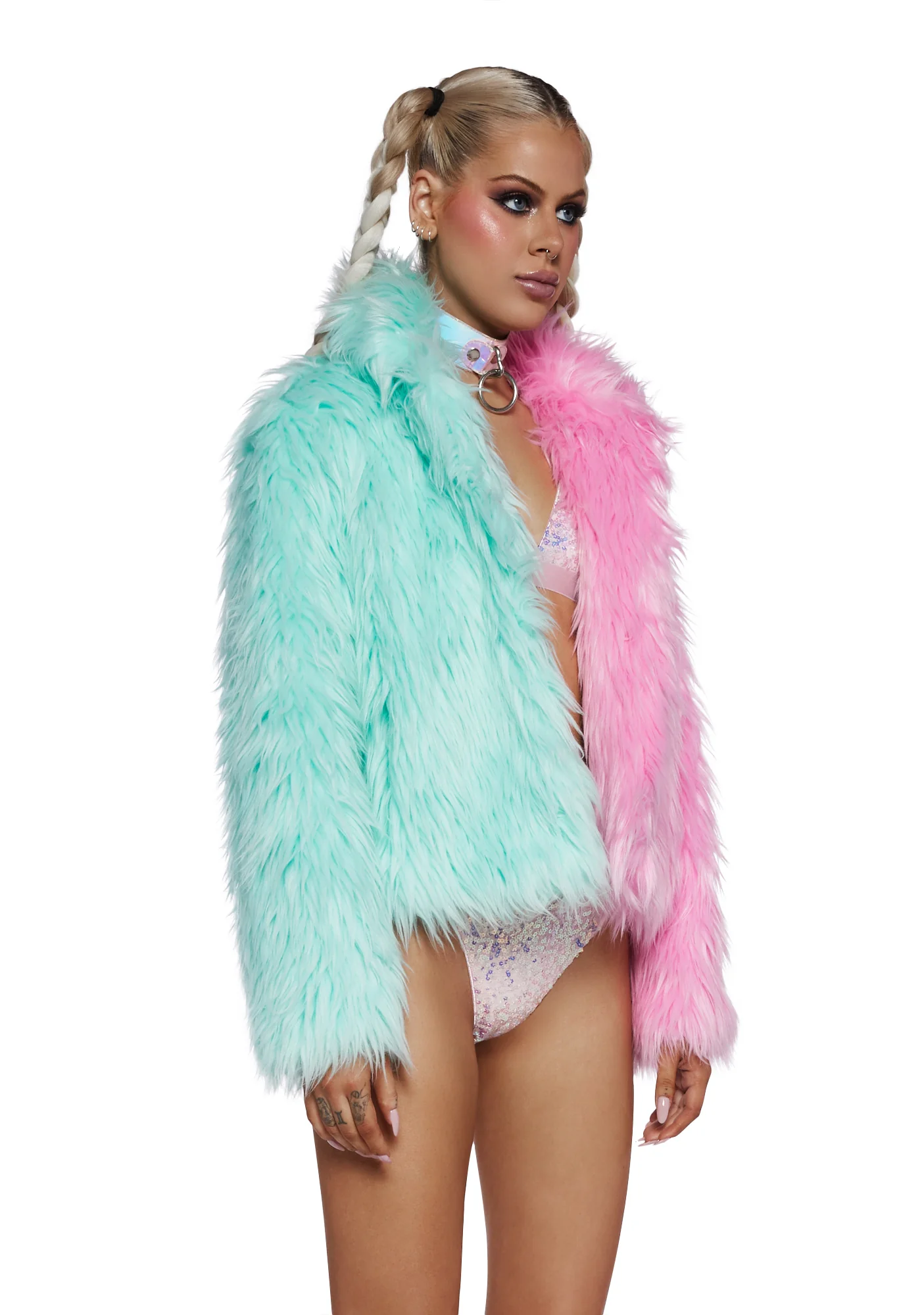 Balancing Act Faux Fur Jacket- Green/Pink - Image 3