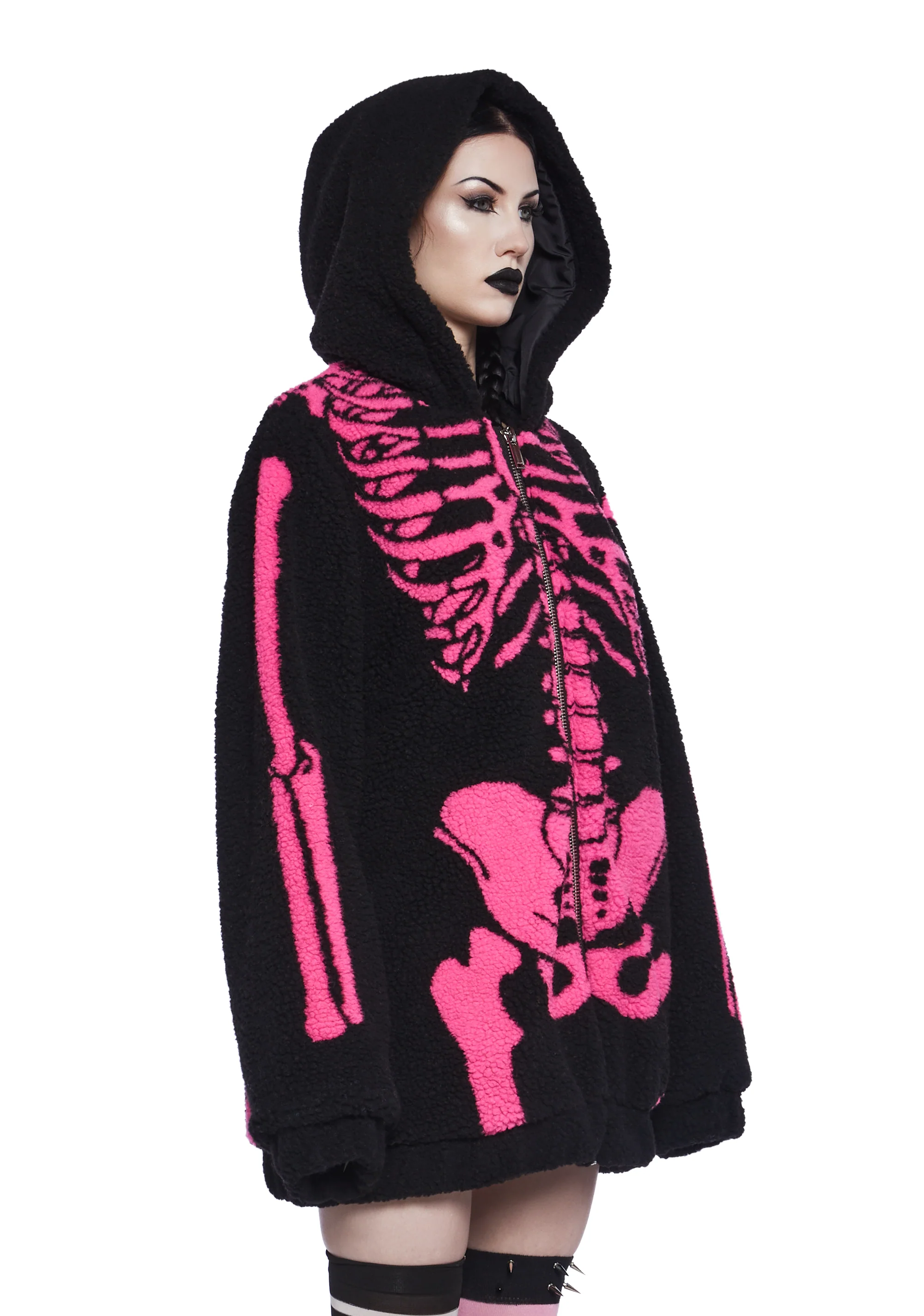 Baring It All Skeleton Hooded Sherpa Jacket - Pink - Image 3
