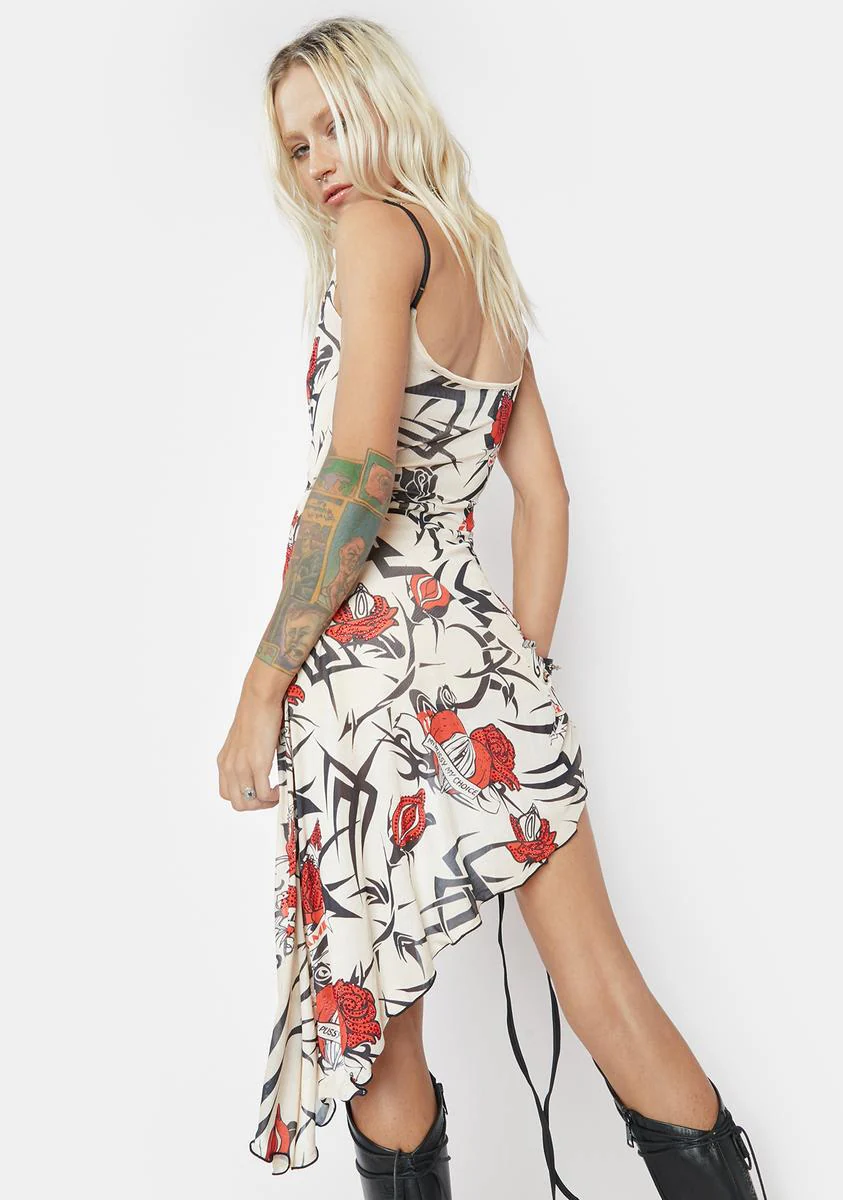 Beige Tattoo Rose Waterfall Mesh Mini Dress - Image 4