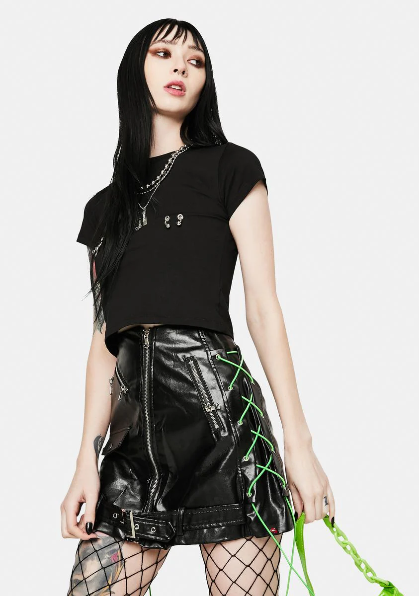 Biker Black Vegan Leather Mini Skirt - Image 2