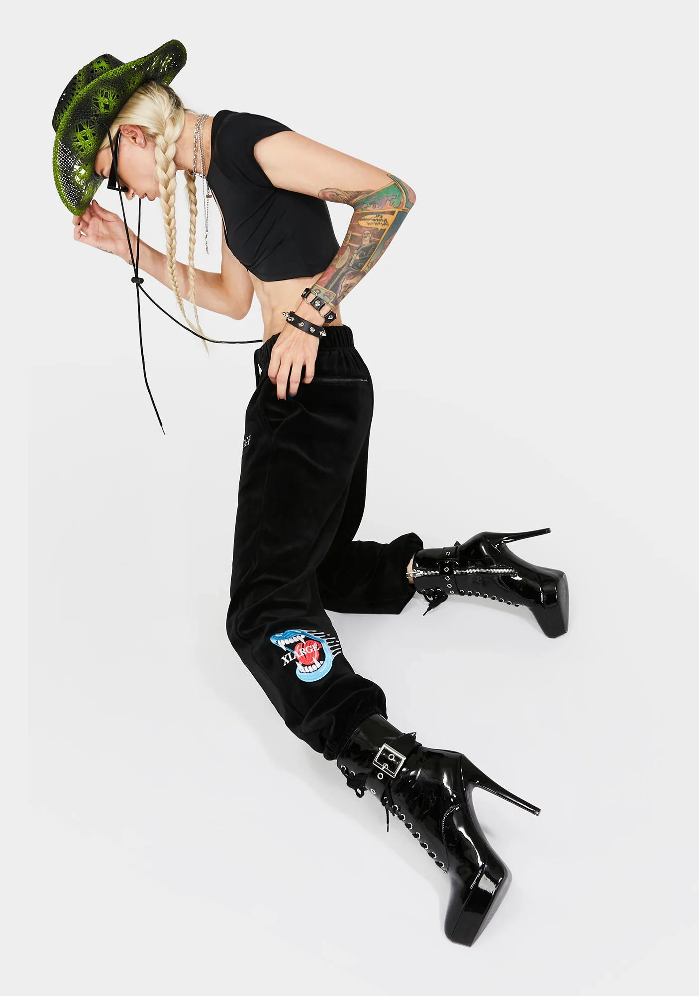 Black Embroidered Velour Joggers - Image 4