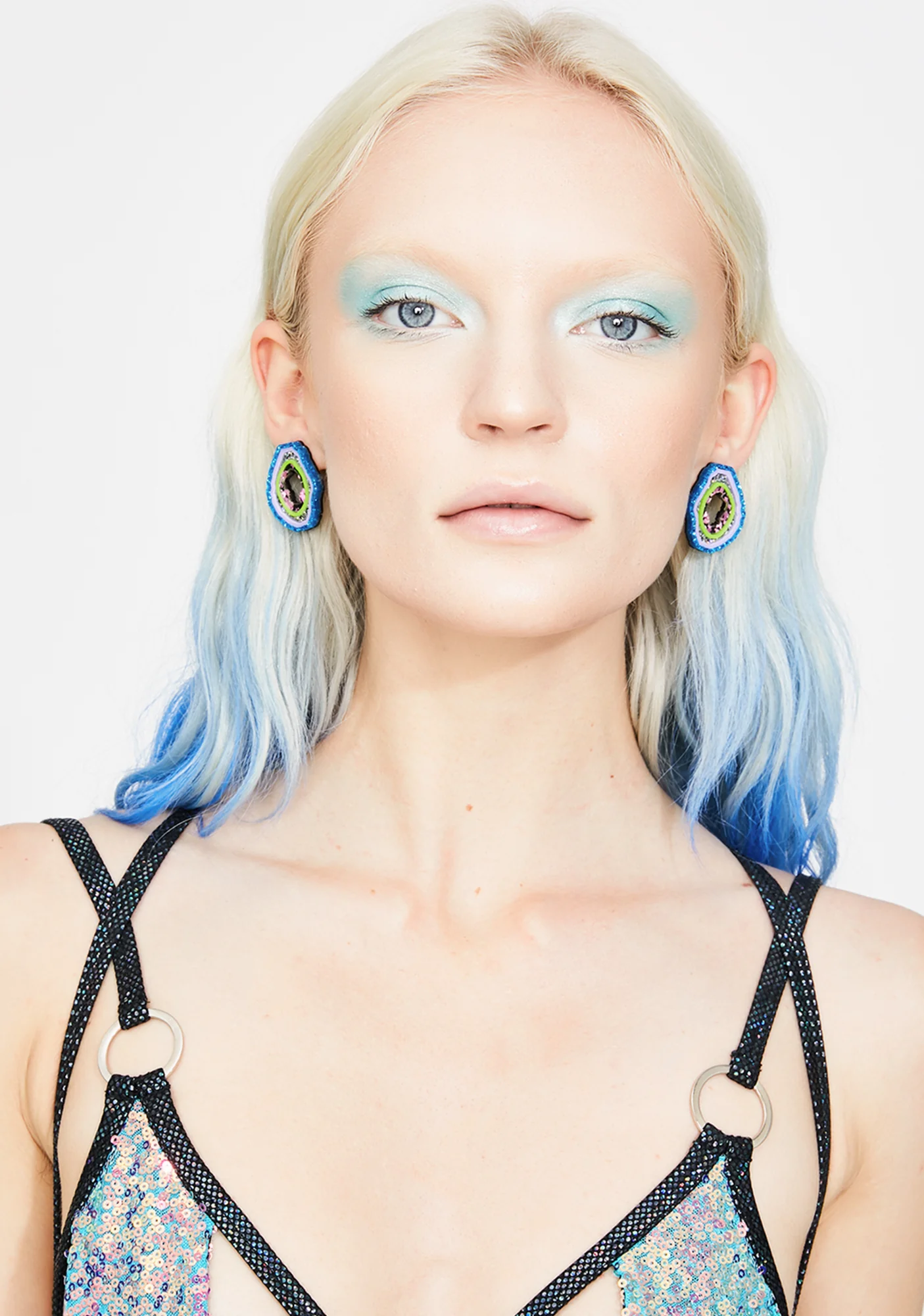 Blue Holo Glitter Crystal Geode Stud Earrings - Image 3