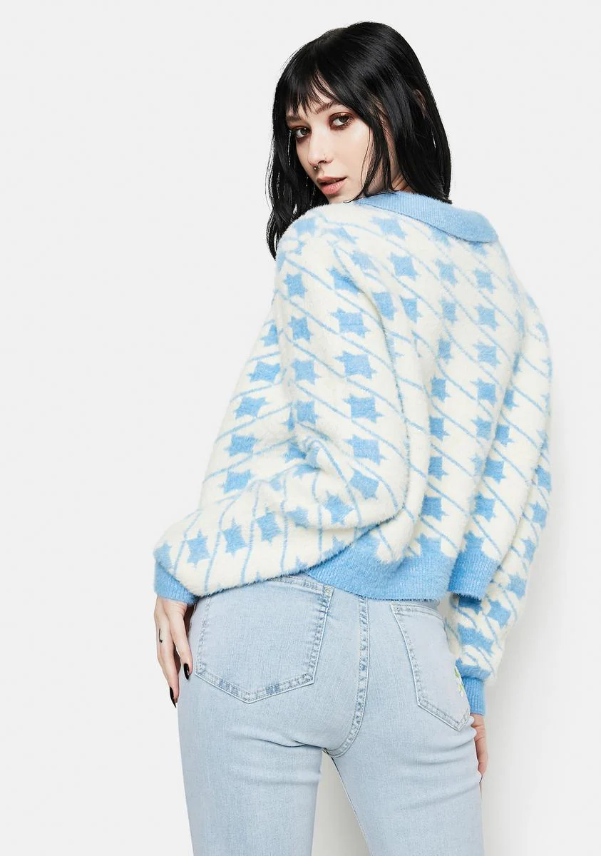 Blue Houndstooth Fuzzy Collared Cardigan - Image 4