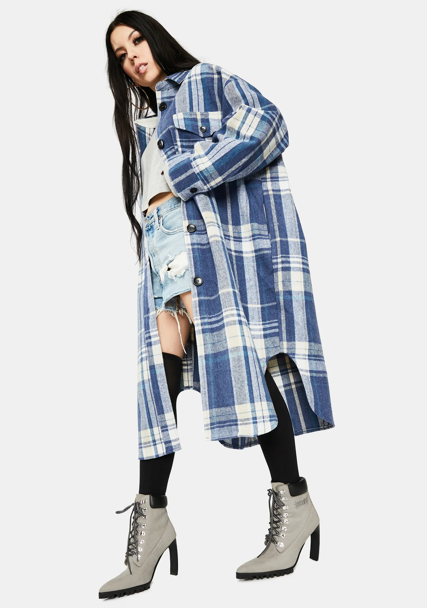 Blue Plaid Long Jacket - Image 3