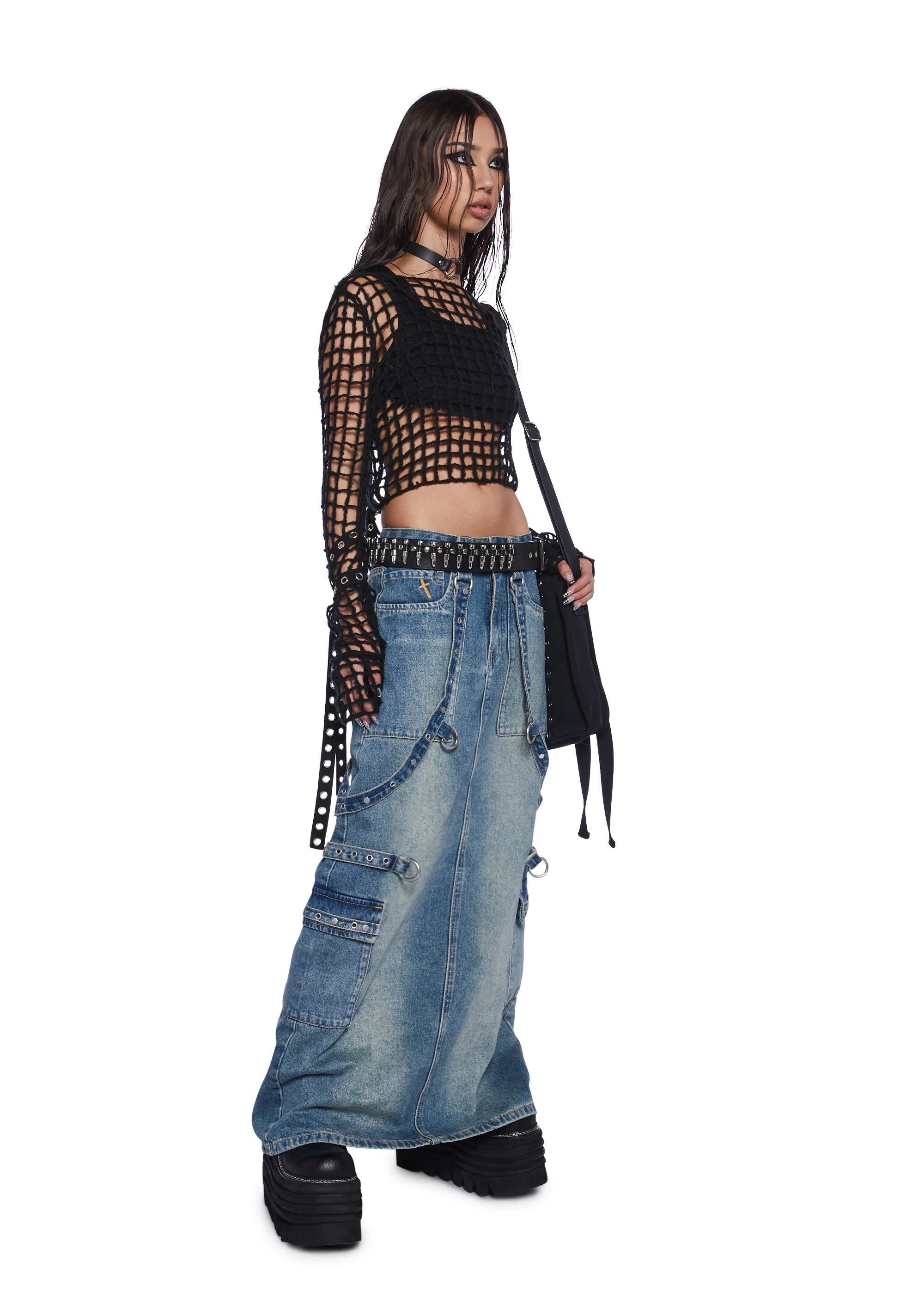 Bondage Denim Maxi Skirt - Blue - Image 3