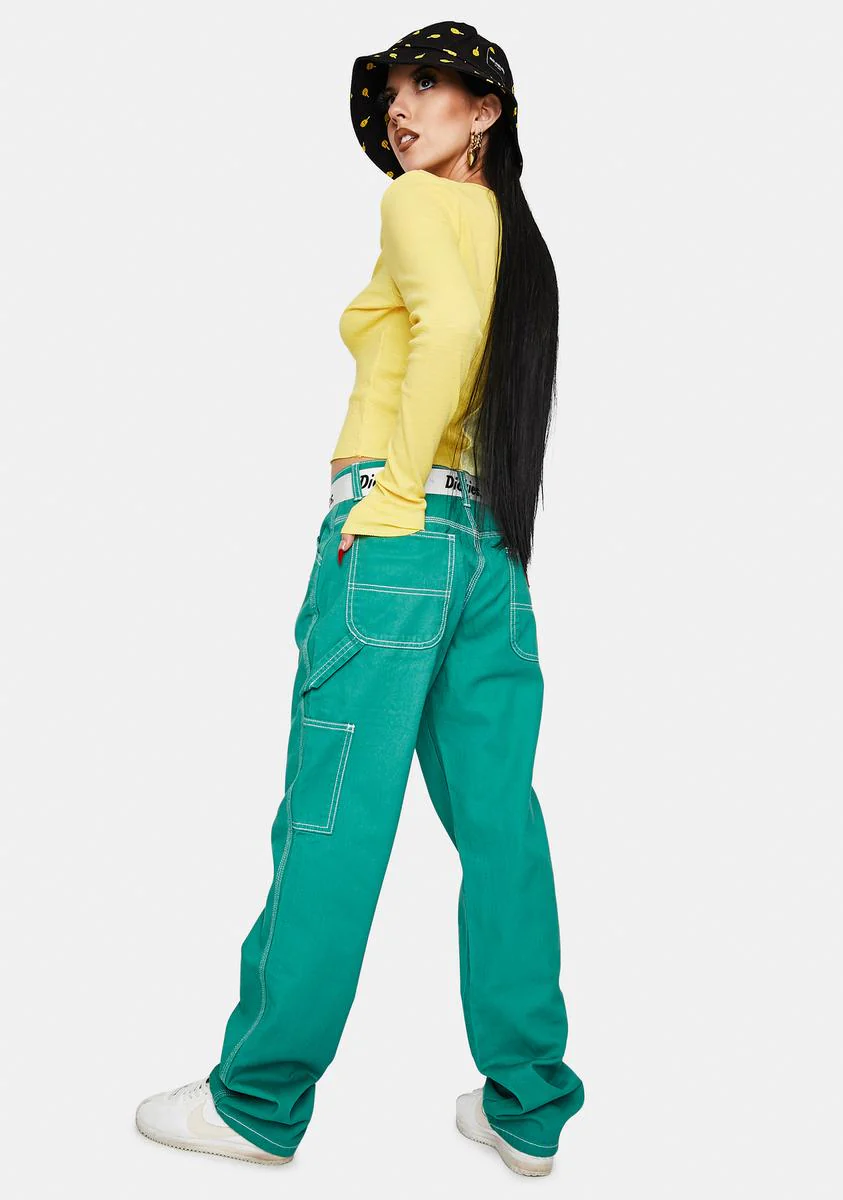 Bottle Green Carpenter Pants With Logo Belt - Image 4