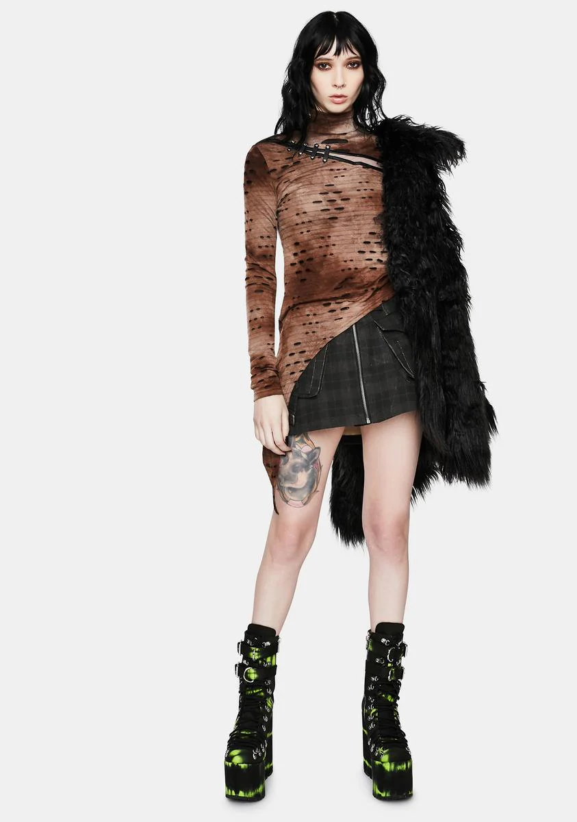 Brown Steampunk Asymmetrical Distressed T-Shirt - Image 3