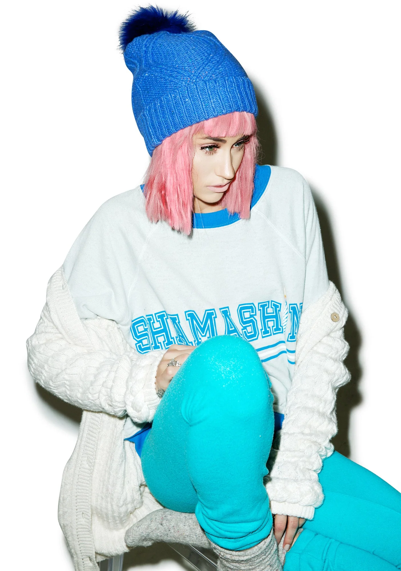 Cable Knit Beanie - Blue - Image 9