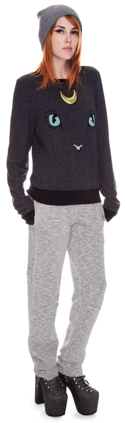 Cat and Moon Baggy Beach Jumper - White - Image 3