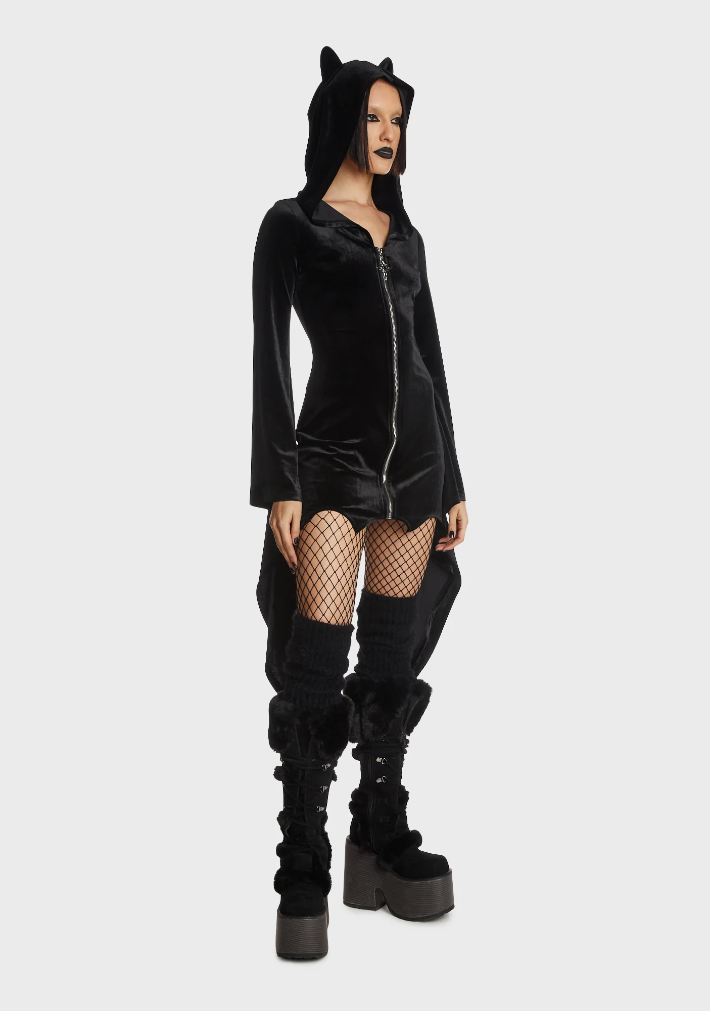 Cat Ear Bell Sleeves Hooded Zip Dress - Image 3