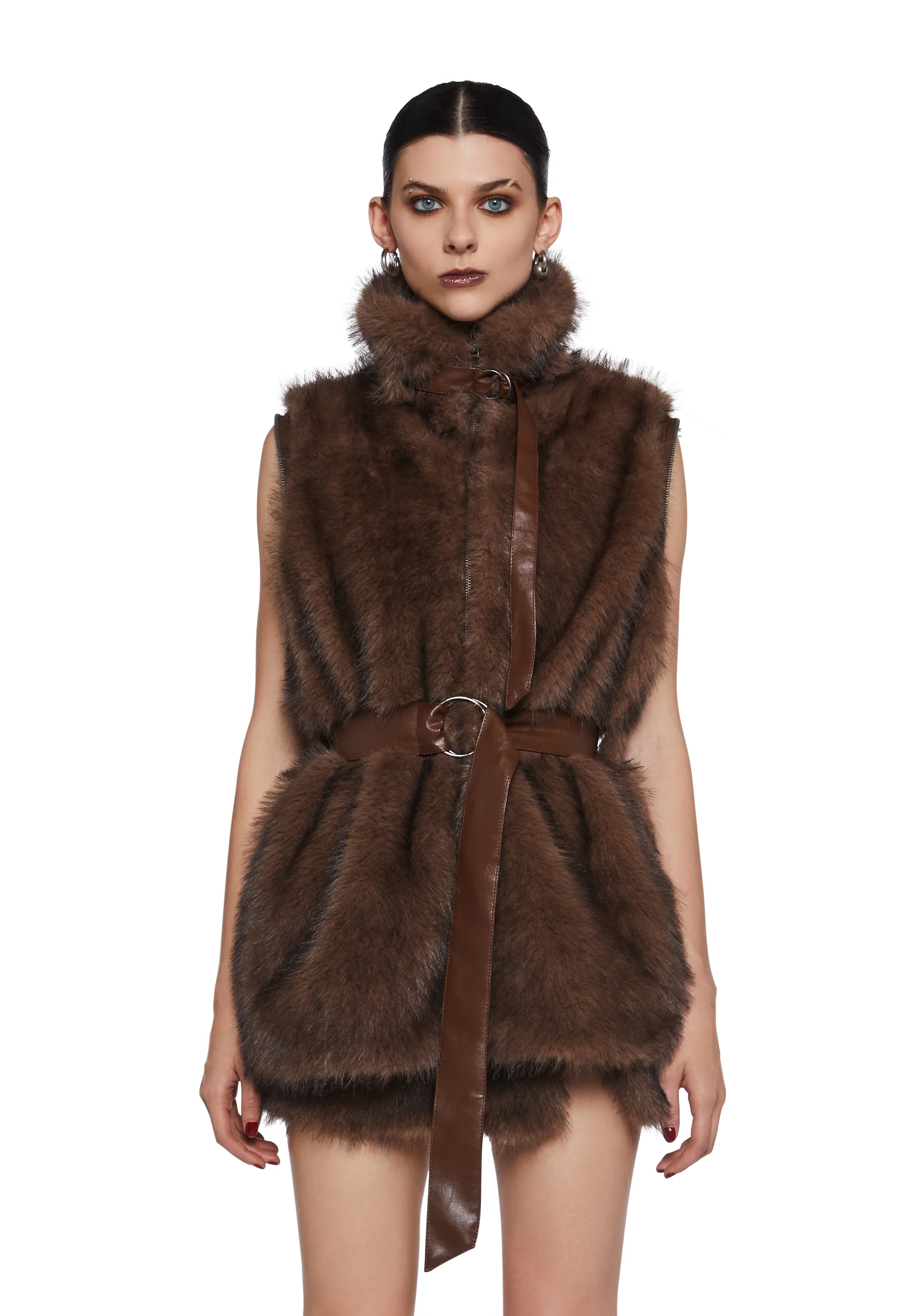 Chamber Faux Fur Jacket With Removable Sleeves - Dark Brown - Image 2