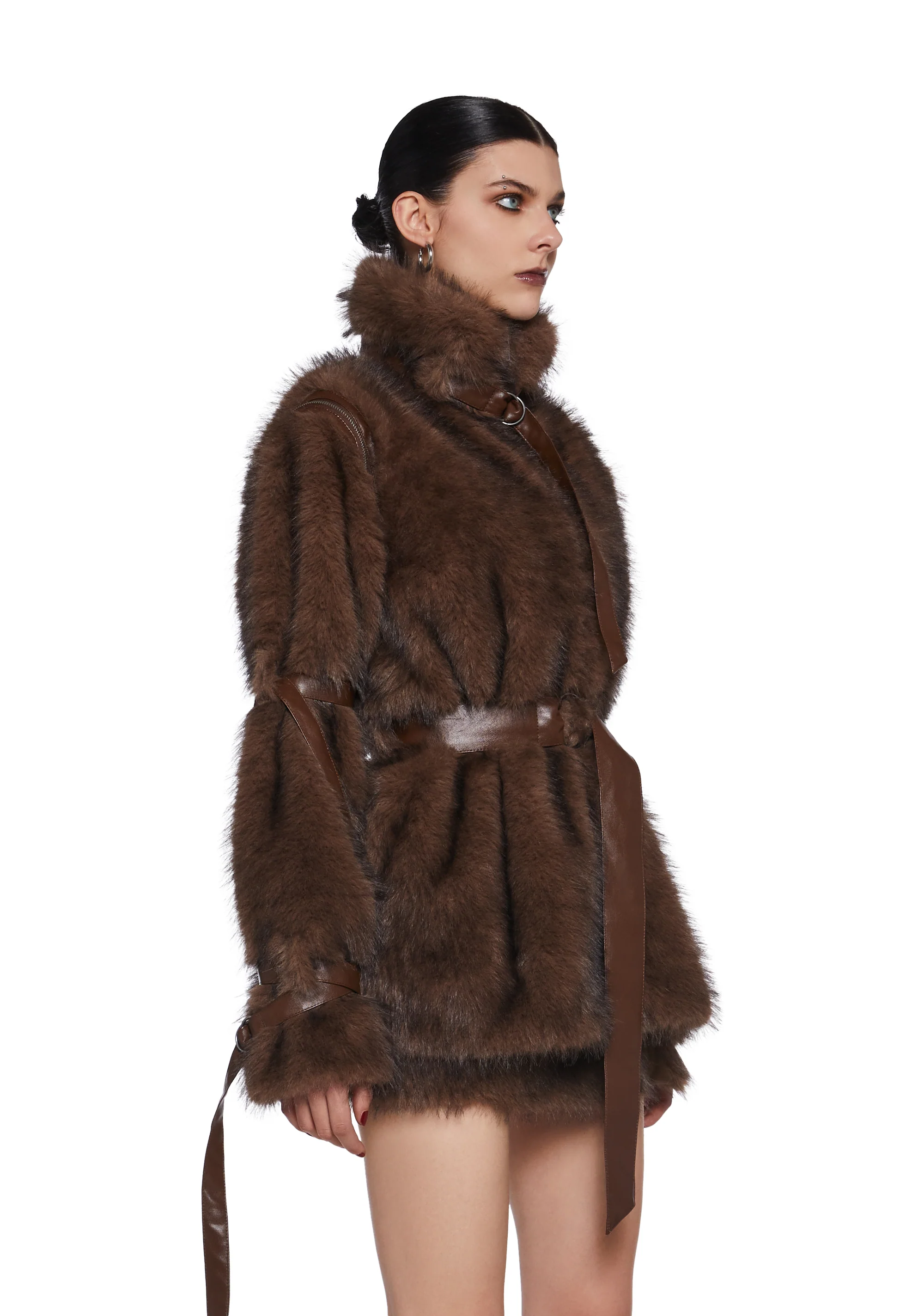 Chamber Faux Fur Jacket With Removable Sleeves - Dark Brown - Image 3