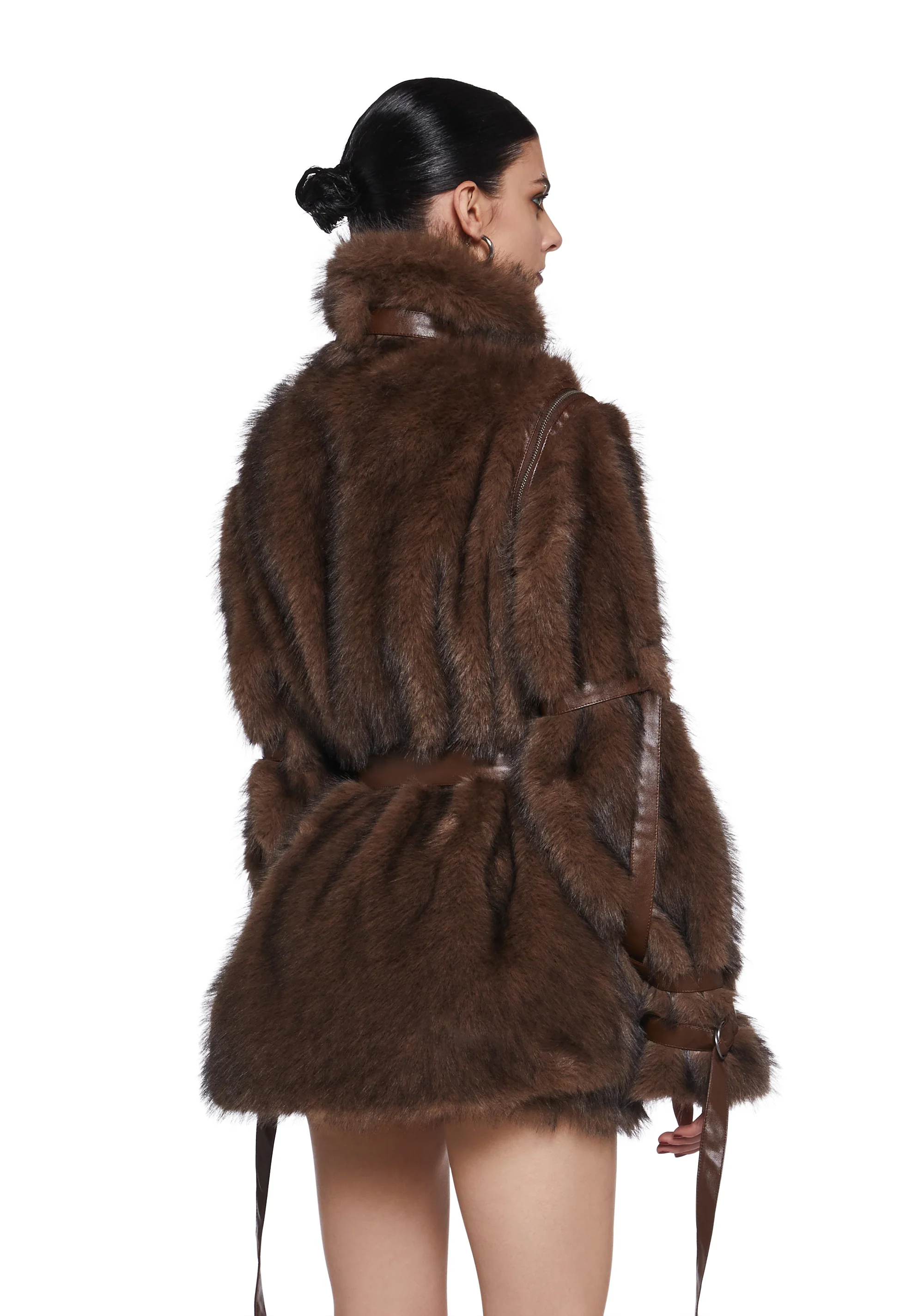 Chamber Faux Fur Jacket With Removable Sleeves - Dark Brown - Image 4