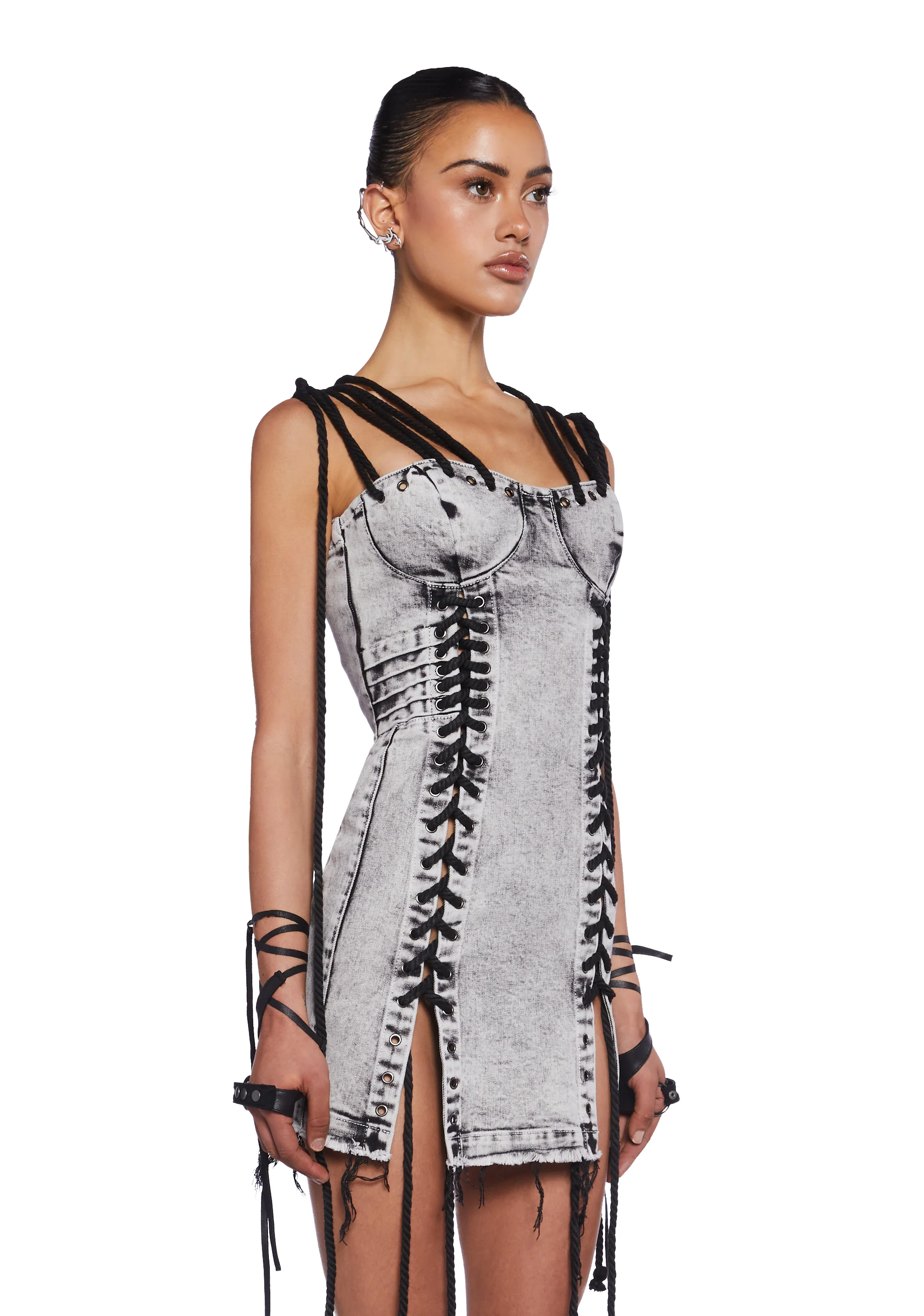 Charged  Lace-Up Denim Dress - Image 3