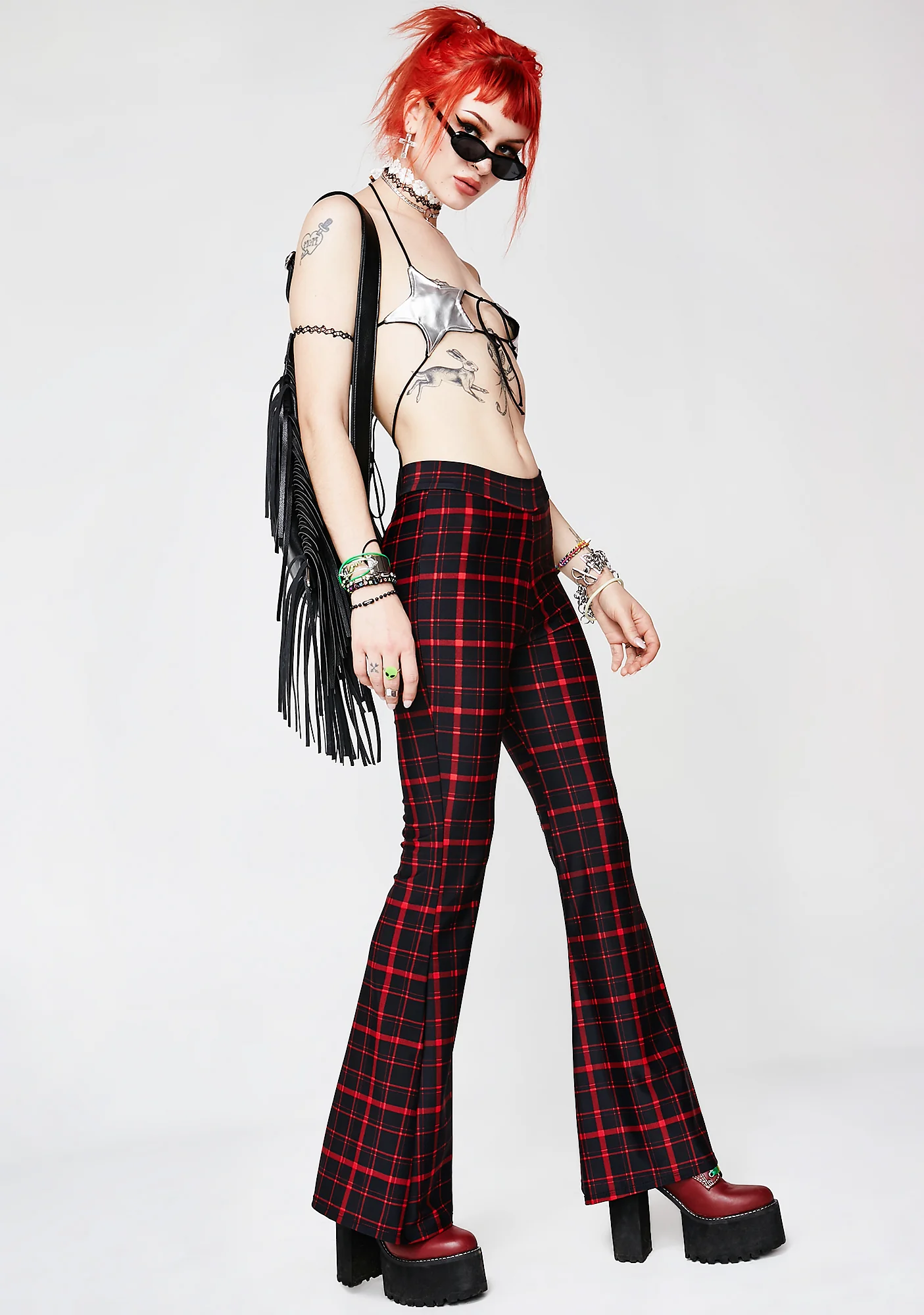 Cherry Hit Tha Books Plaid Flare Pants - Image 4