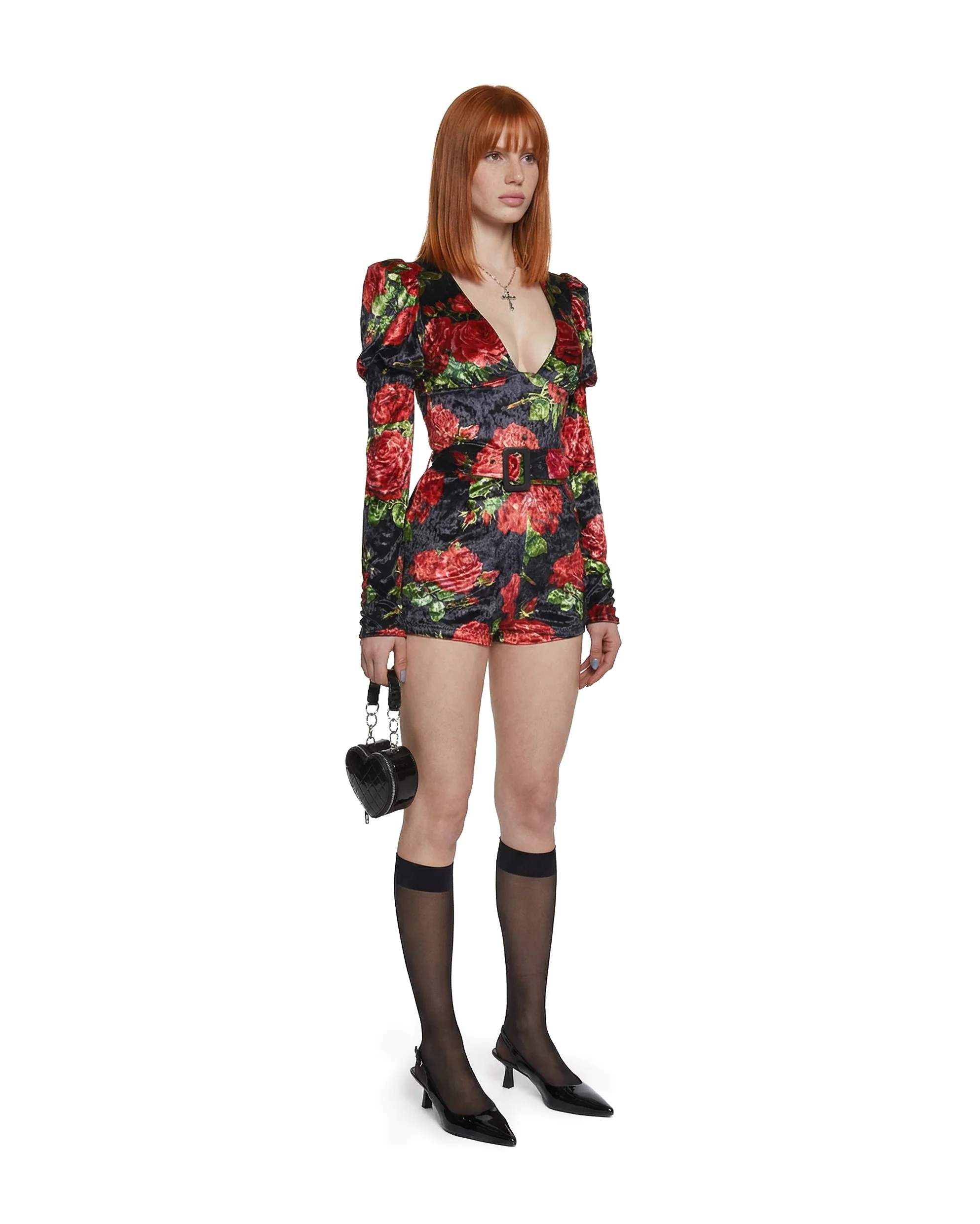 Chic Manners Velvet Romper - Black/Red - Image 2