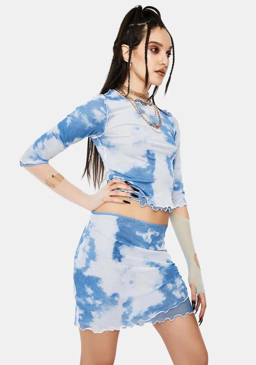 Cloud Print Layered Mesh Crop Top - Image 2