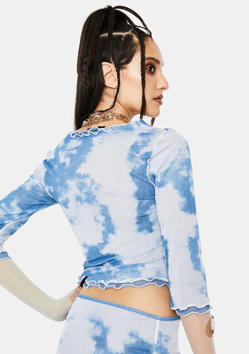 Cloud Print Layered Mesh Crop Top - Image 4