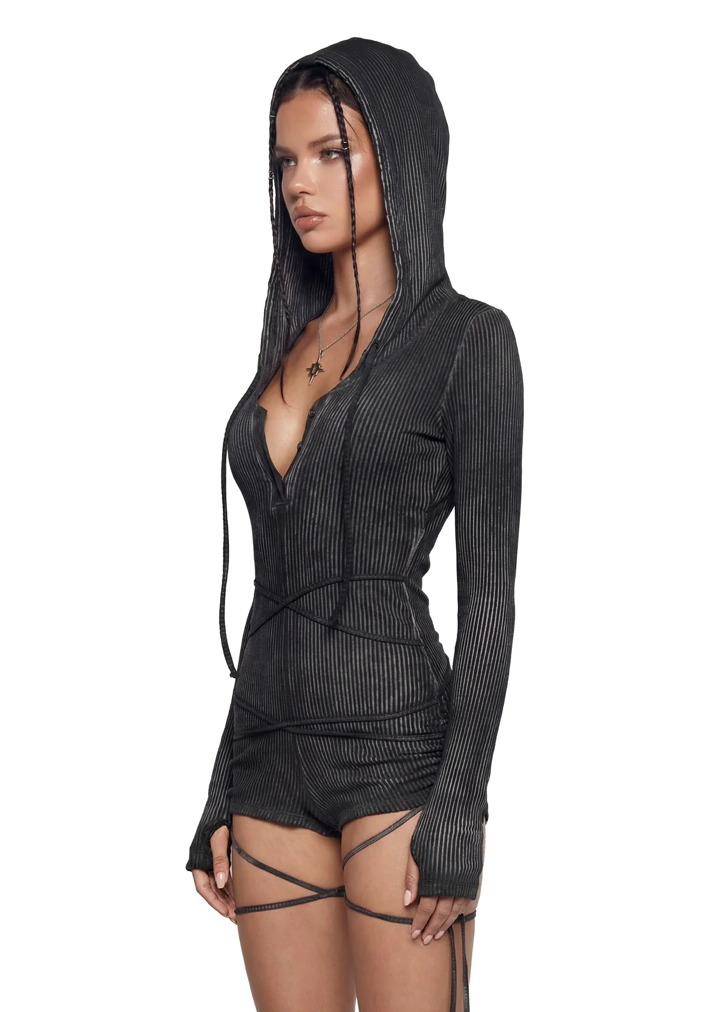 Crossfade Hooded Long Sleeve Romper - Black - Image 3
