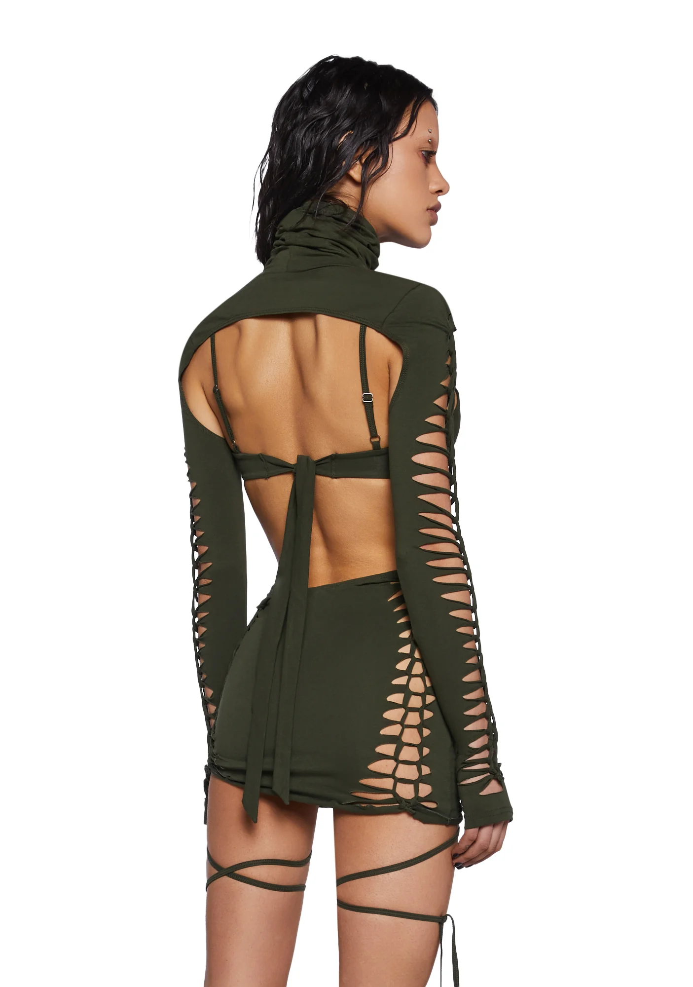 Crossfade Shredded Dress With Shrug - Olive - Image 4