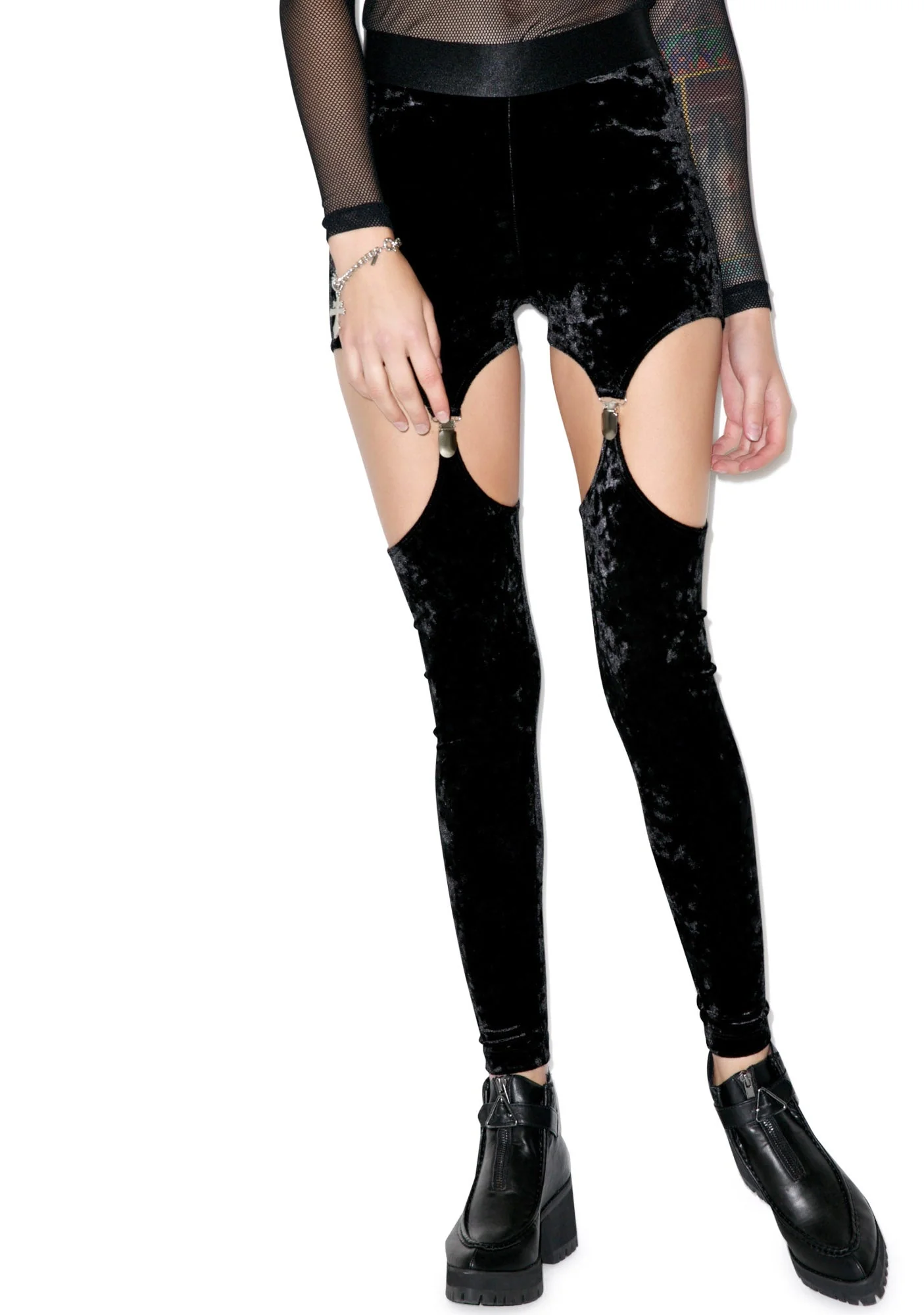 Crushed Velvet Garter Leggings - Dark Purple - Image 11