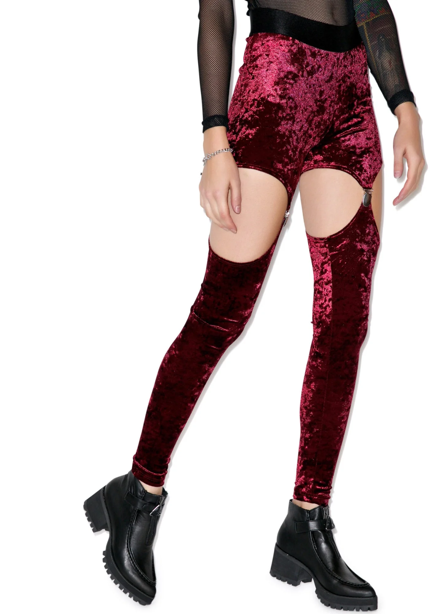 Crushed Velvet Garter Leggings - Dark Purple - Image 25