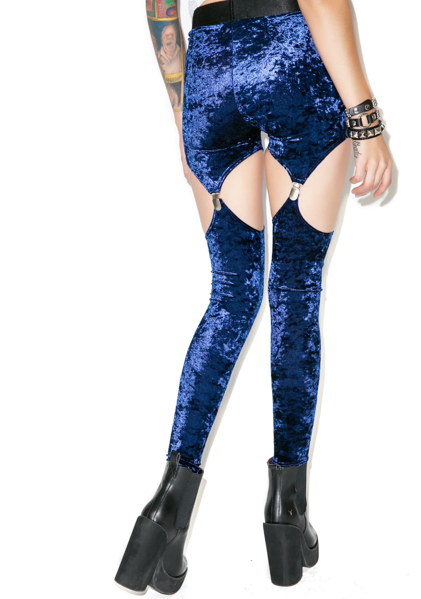 Crushed Velvet Garter Leggings - Dark Purple - Image 3