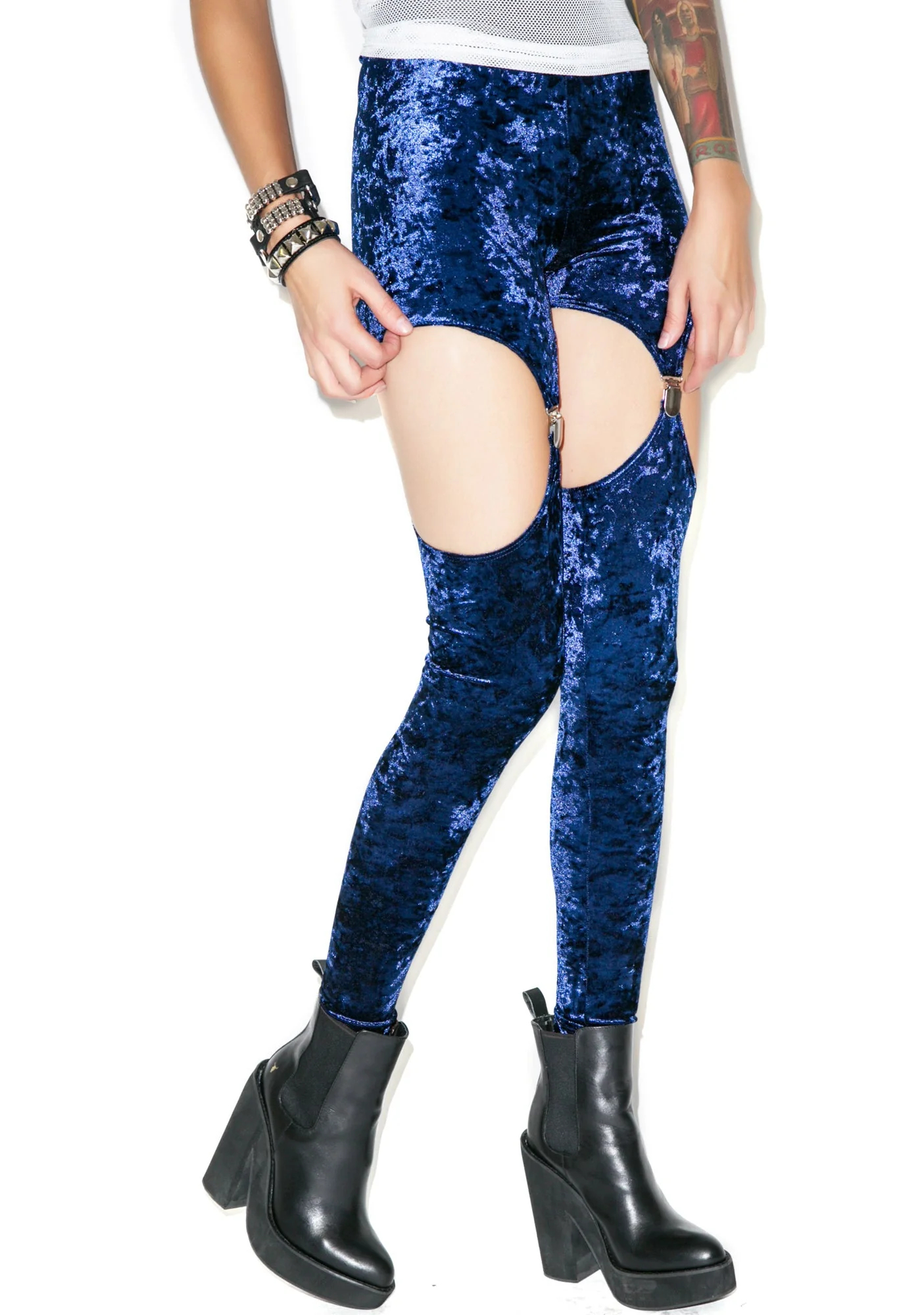 Crushed Velvet Garter Leggings - Dark Purple - Image 4
