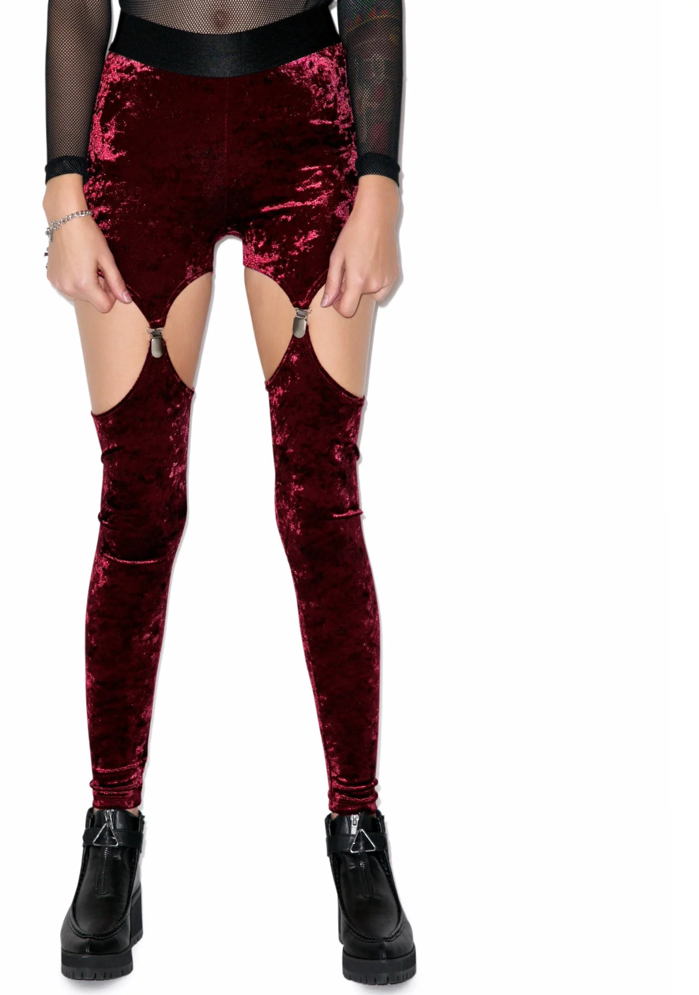 Crushed Velvet Garter Leggings - Black - Image 16