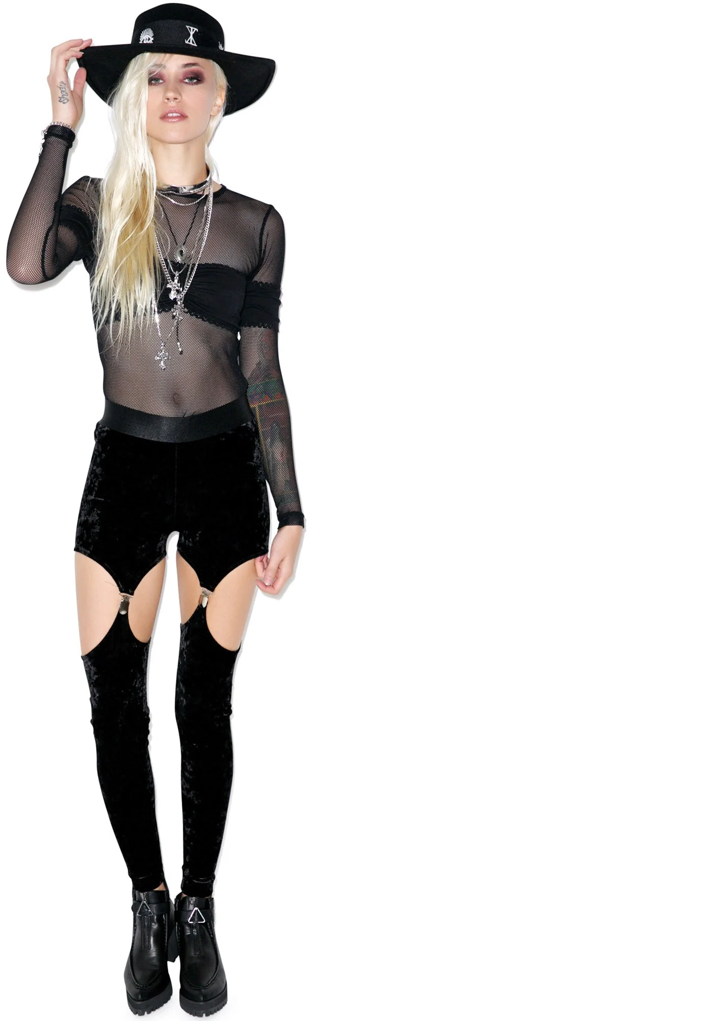 Crushed Velvet Garter Leggings - Black - Image 9