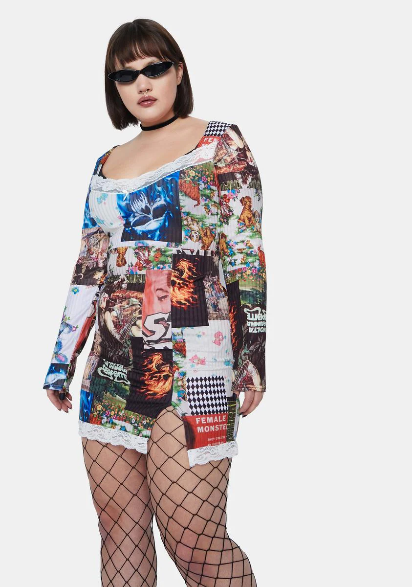 Plus Patchwork Long Sleeve Mini Dress - Image 2