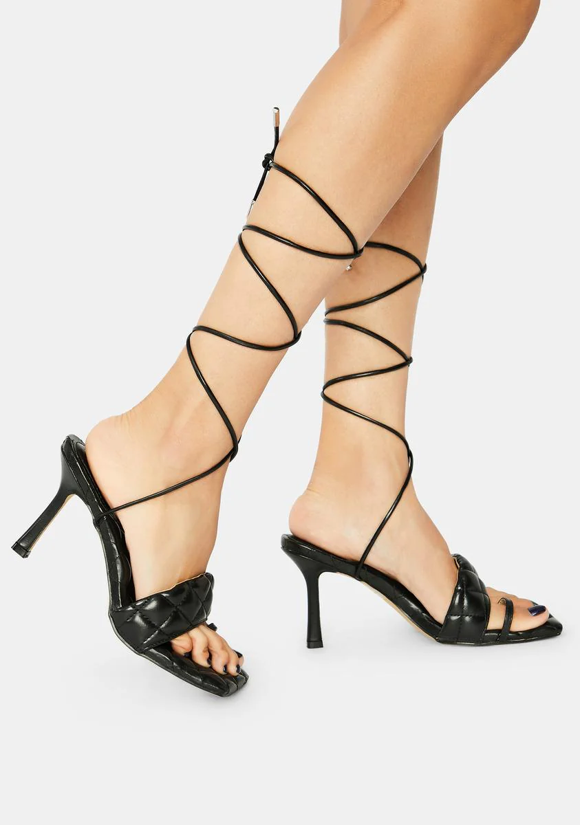 Dark Risk It All Quilted Lace Up Kitten Heels - Black - Image 2