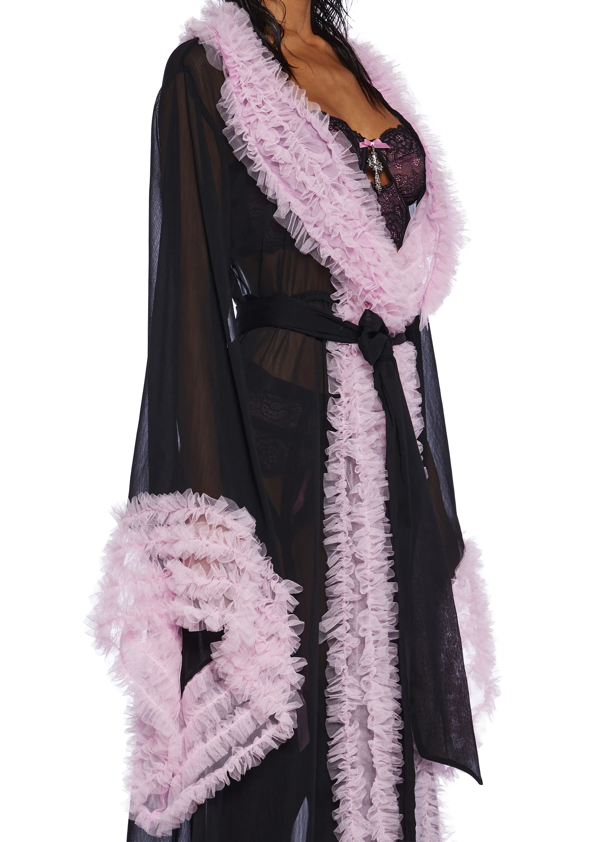 Delightfully Demure Sheer Robe - Black/Pink - Image 2