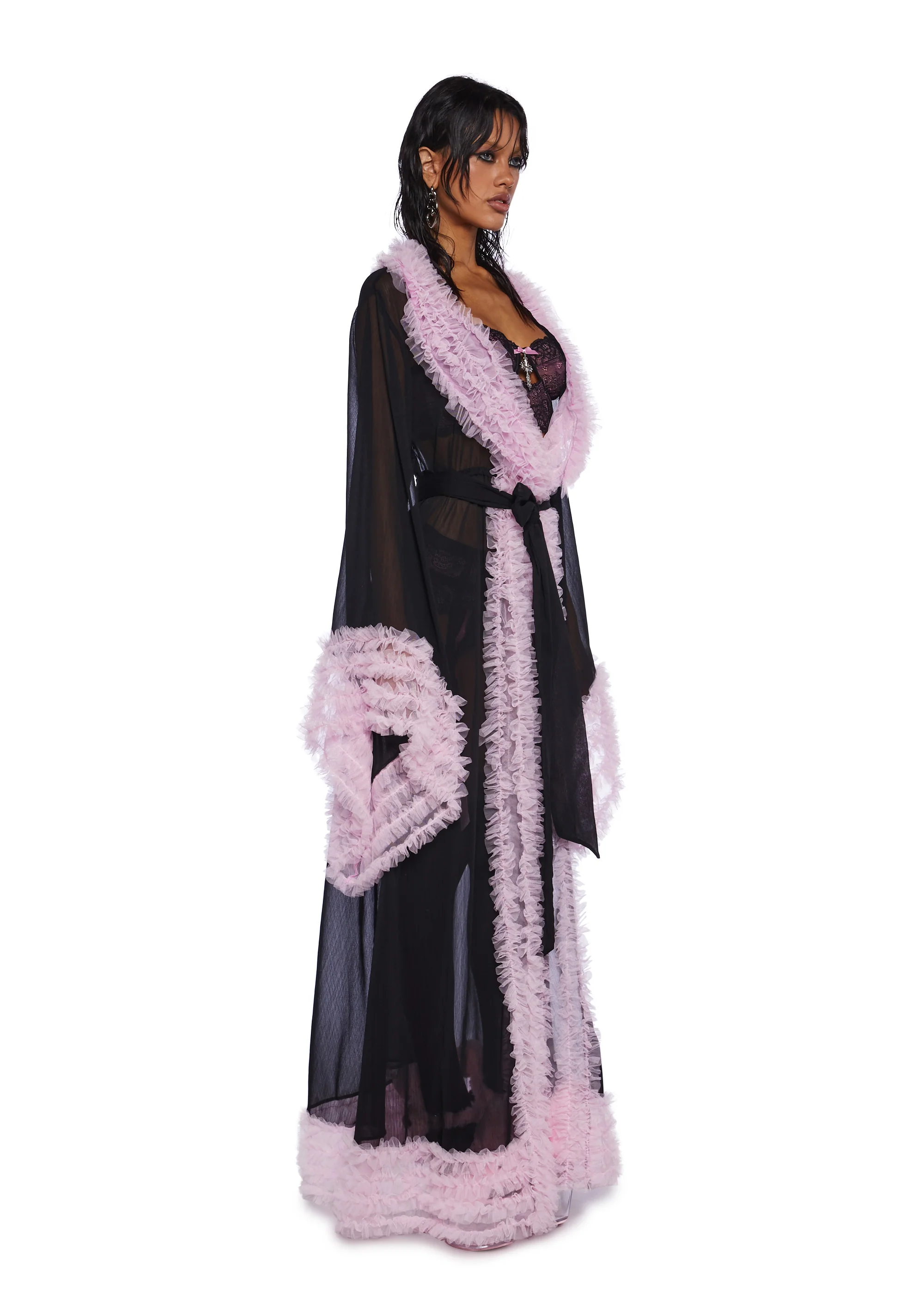 Delightfully Demure Sheer Robe - Black/Pink - Image 3