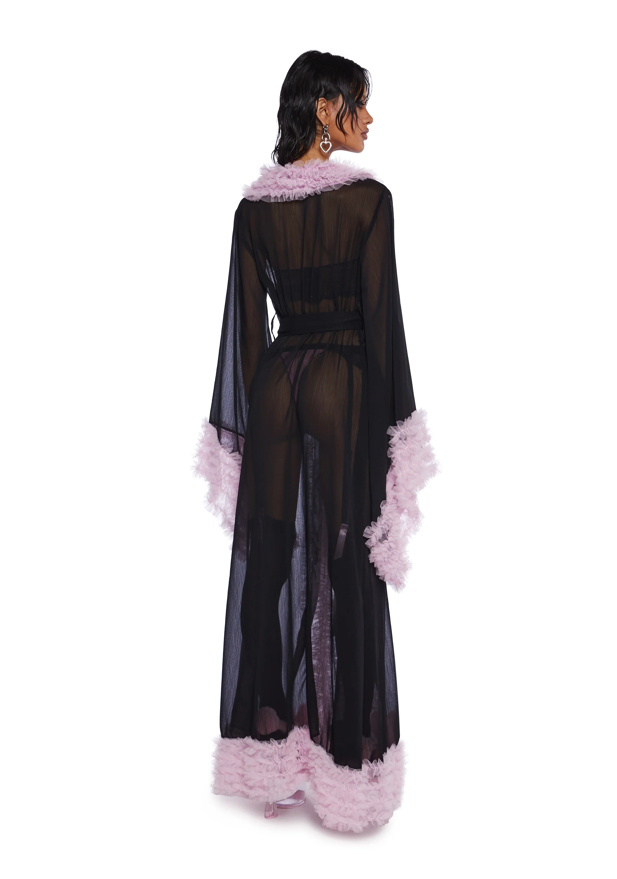 Delightfully Demure Sheer Robe - Black/Pink - Image 4