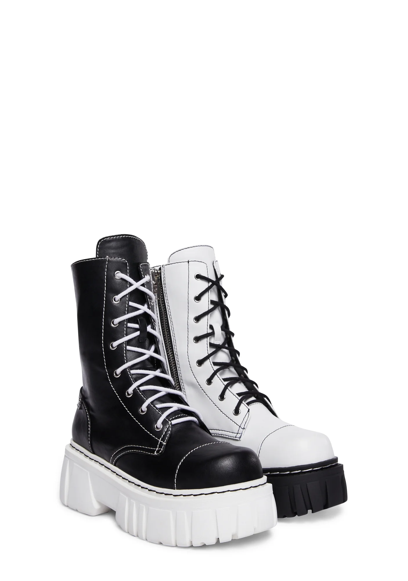 Devil Games Mismatched Combat Boots - Black/White - Image 3