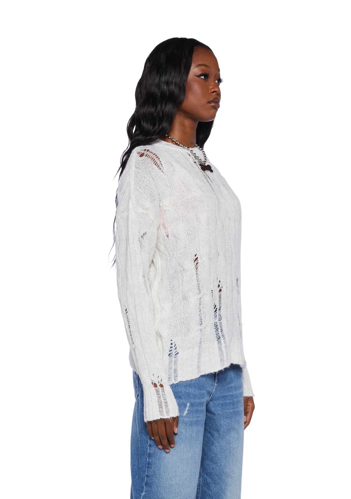 Distressed Cable Knit Sweater - Image 3