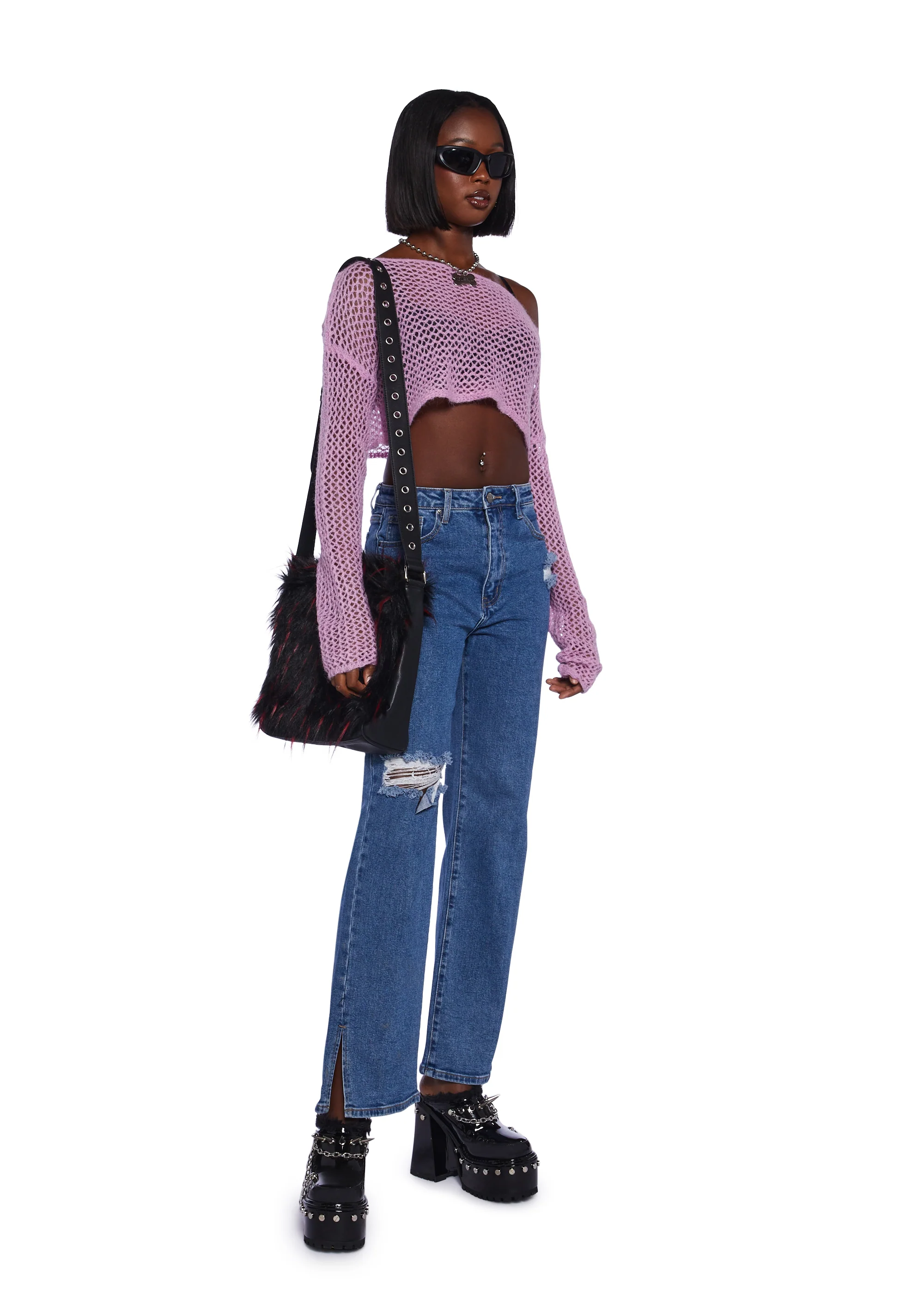 Distressed High Rise Denim Split Hem Jeans - Image 2