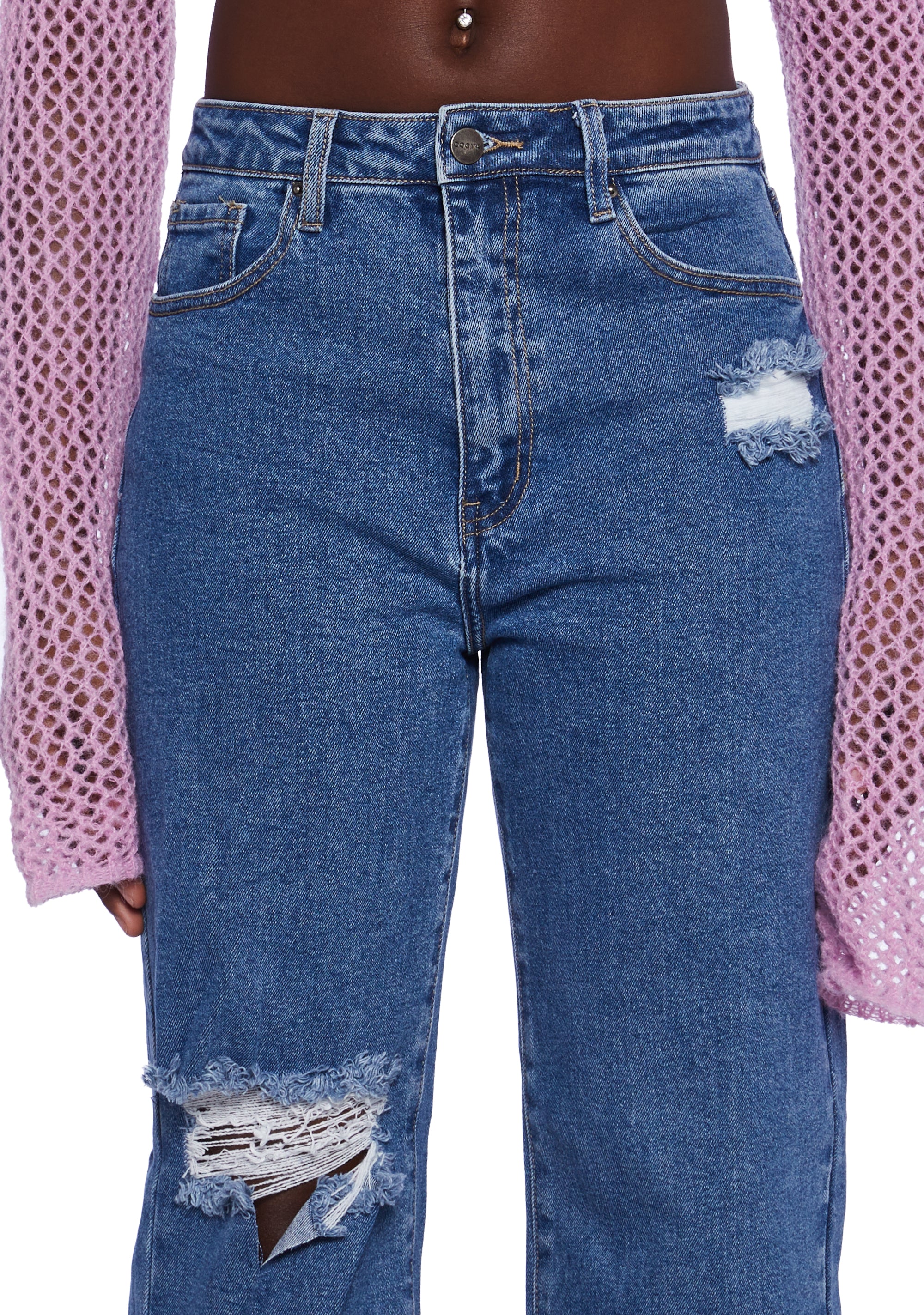 Distressed High Rise Denim Split Hem Jeans - Image 5