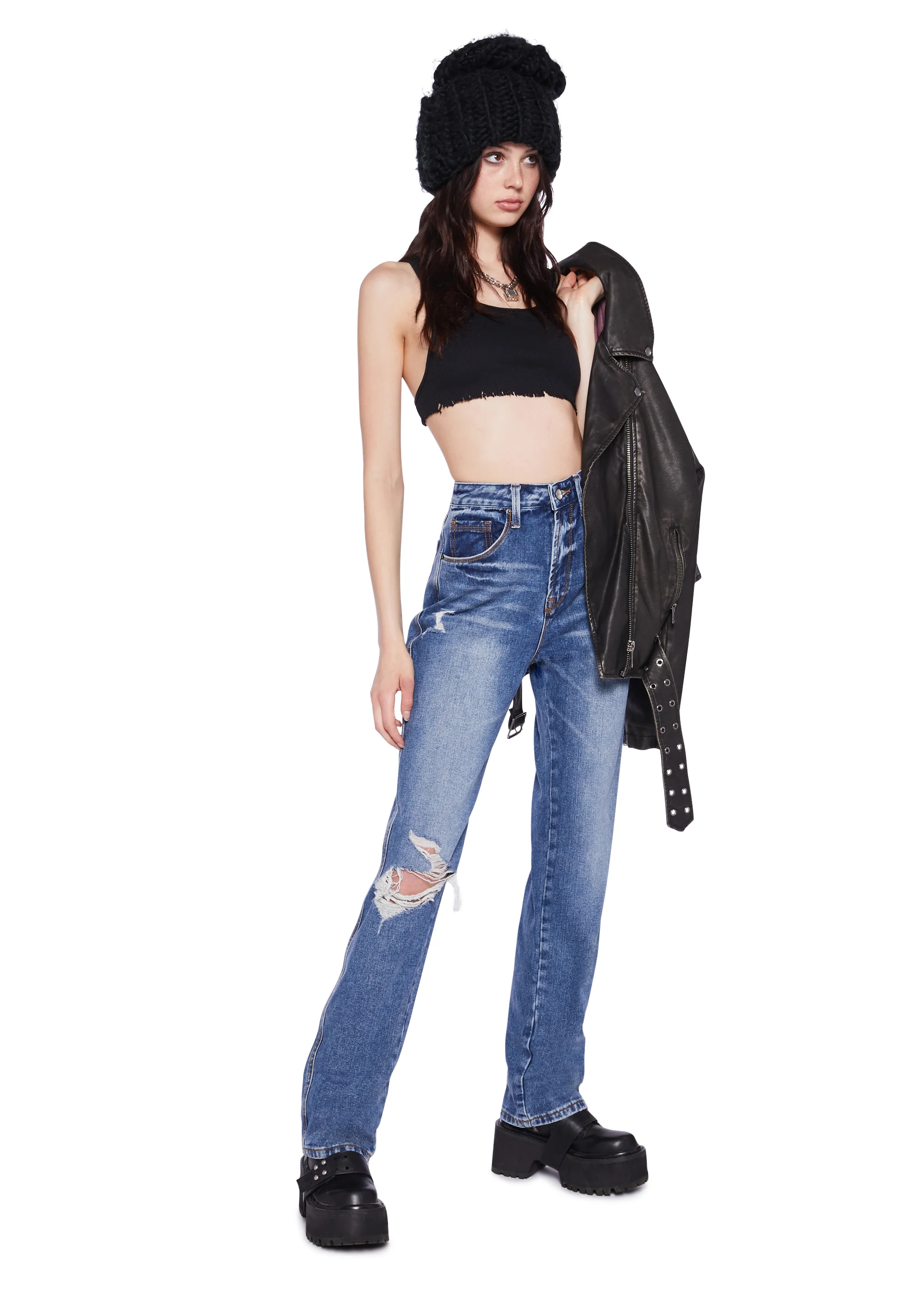 Distressed High Rise Straight Denim Jeans - Blue - Image 2