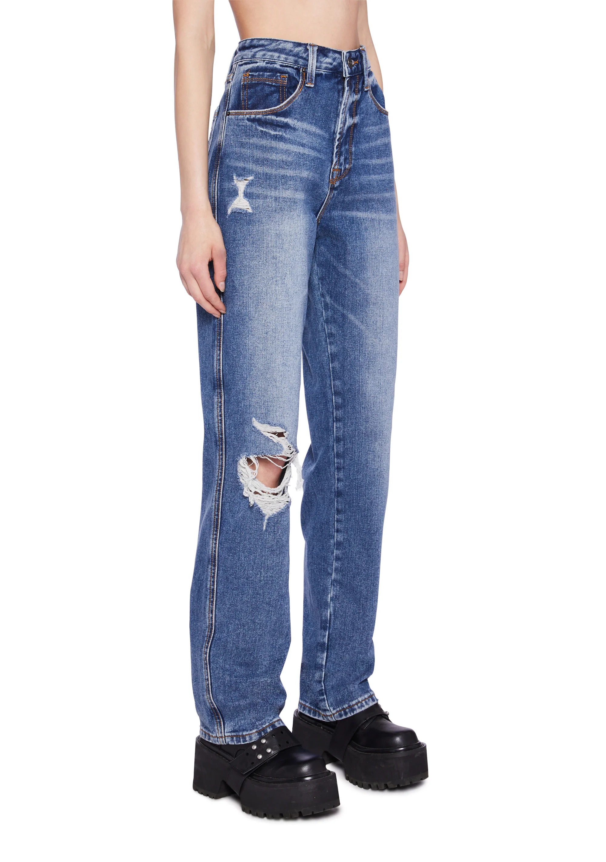 Distressed High Rise Straight Denim Jeans - Blue - Image 3