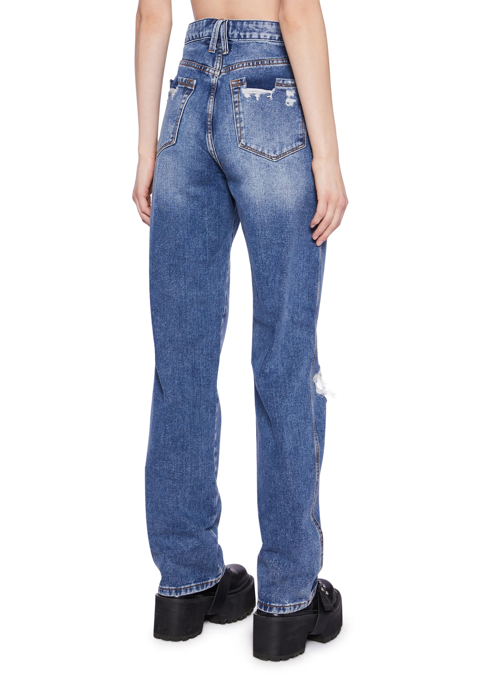Distressed High Rise Straight Denim Jeans - Blue - Image 5