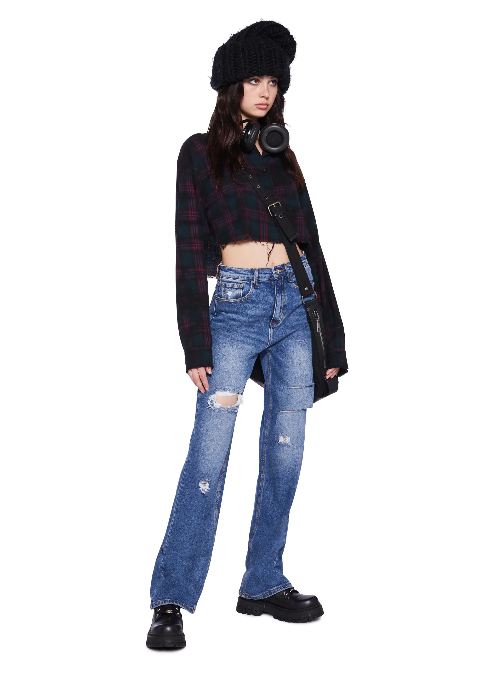Distressed High Rise Straight Denim Jeans -  Dark Blue - Image 2