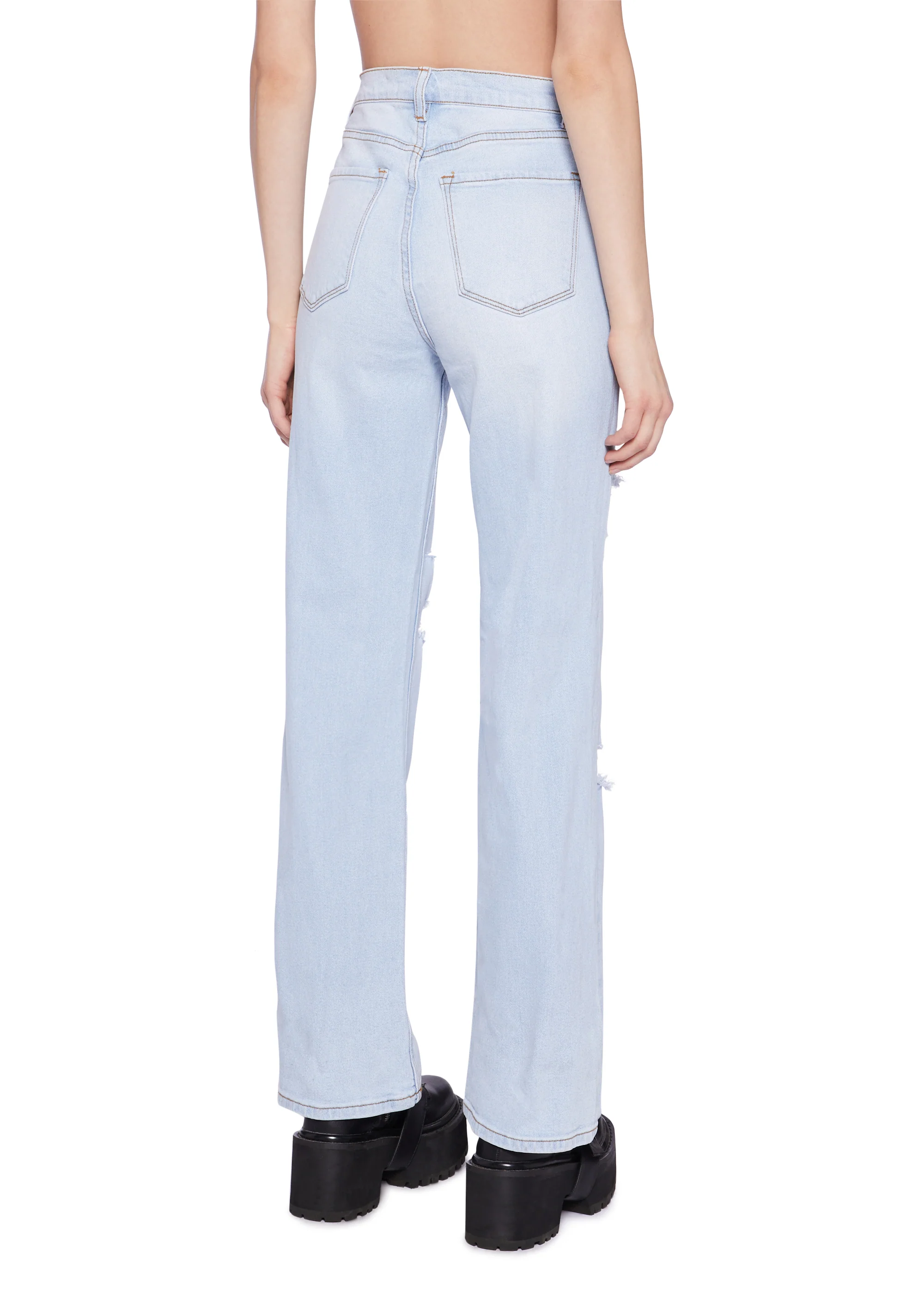 Distressed High Rise Straight Denim Jeans -  Light Blue - Image 3
