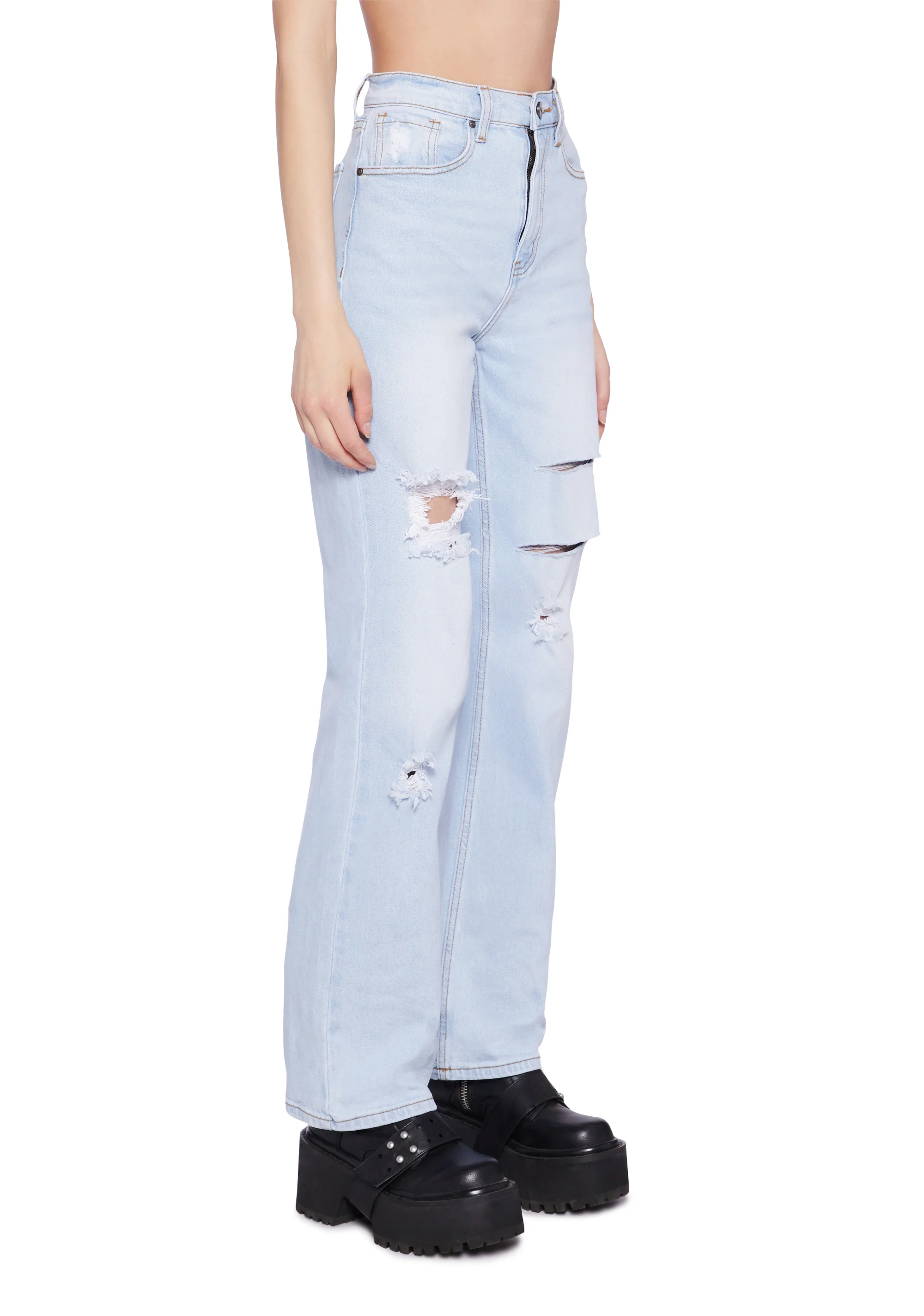 Distressed High Rise Straight Denim Jeans -  Light Blue - Image 4