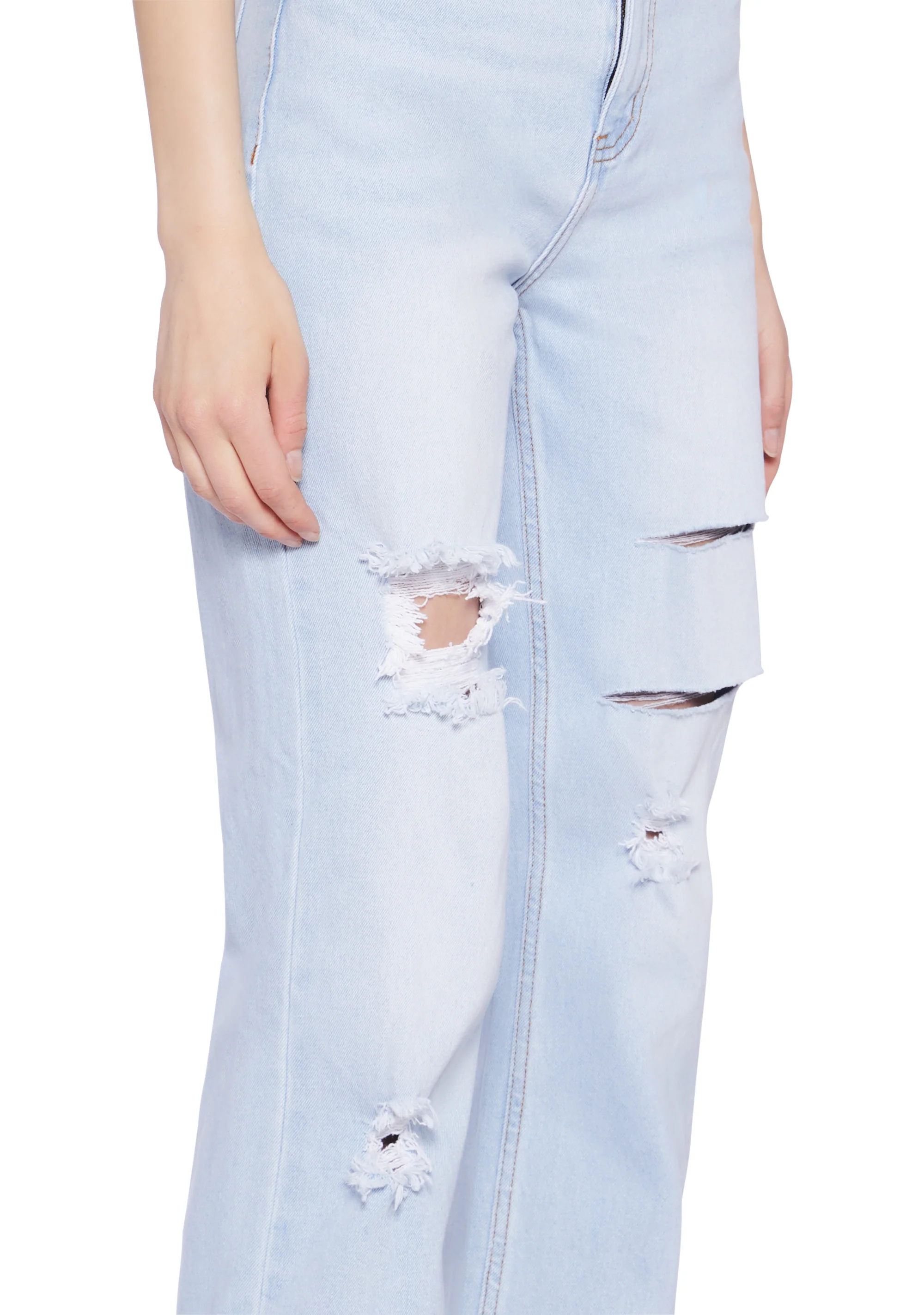 Distressed High Rise Straight Denim Jeans -  Light Blue - Image 5