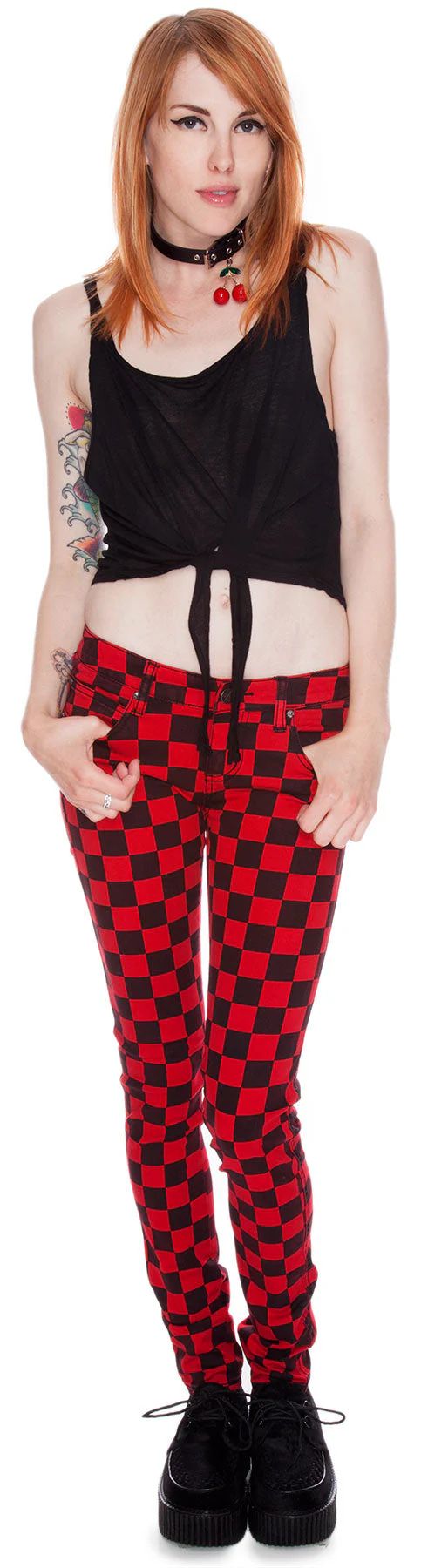 Dyed Checkered Jeans - Red - Image 4